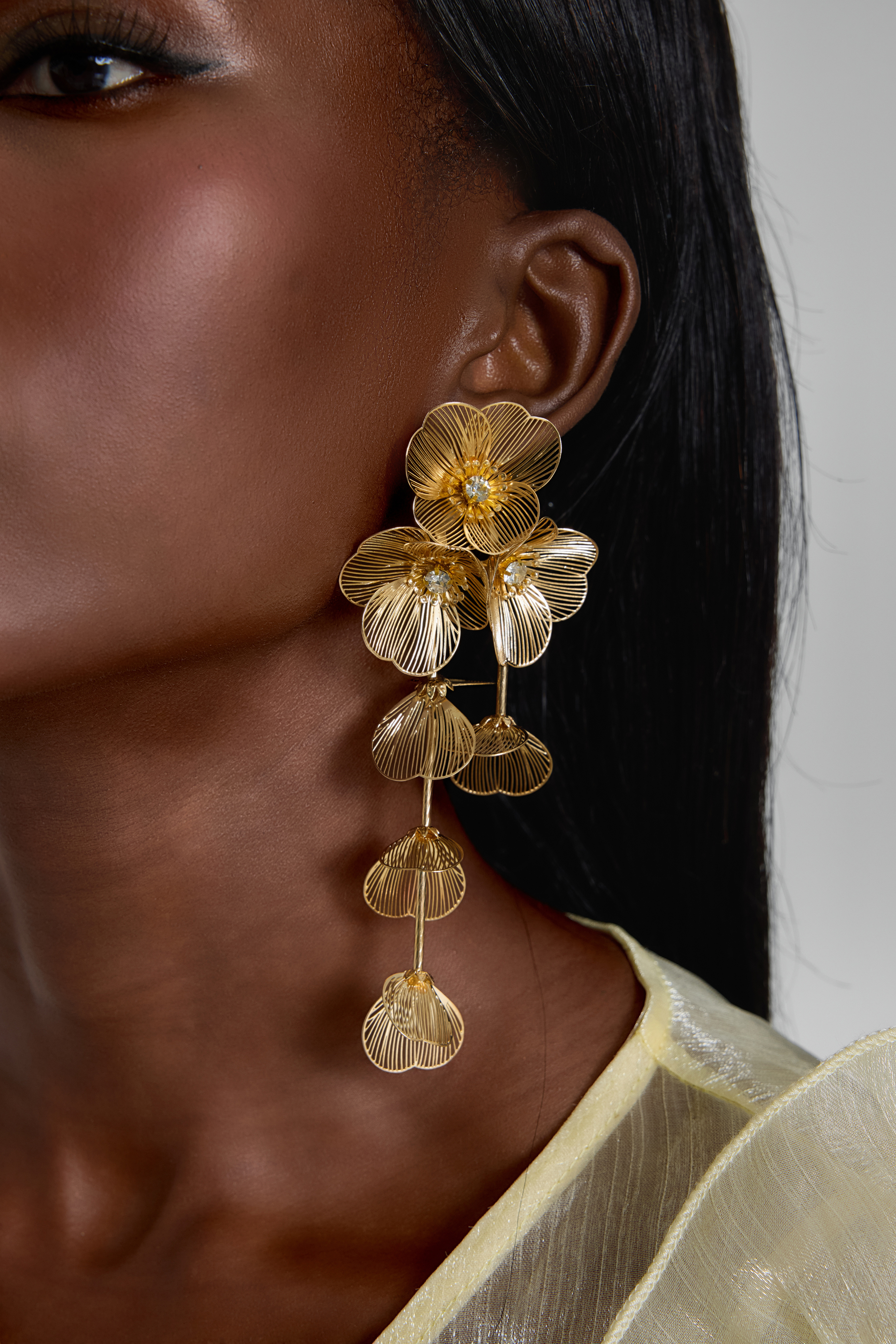 Gold Filigree Crystal 3D Floral Drop Earrings