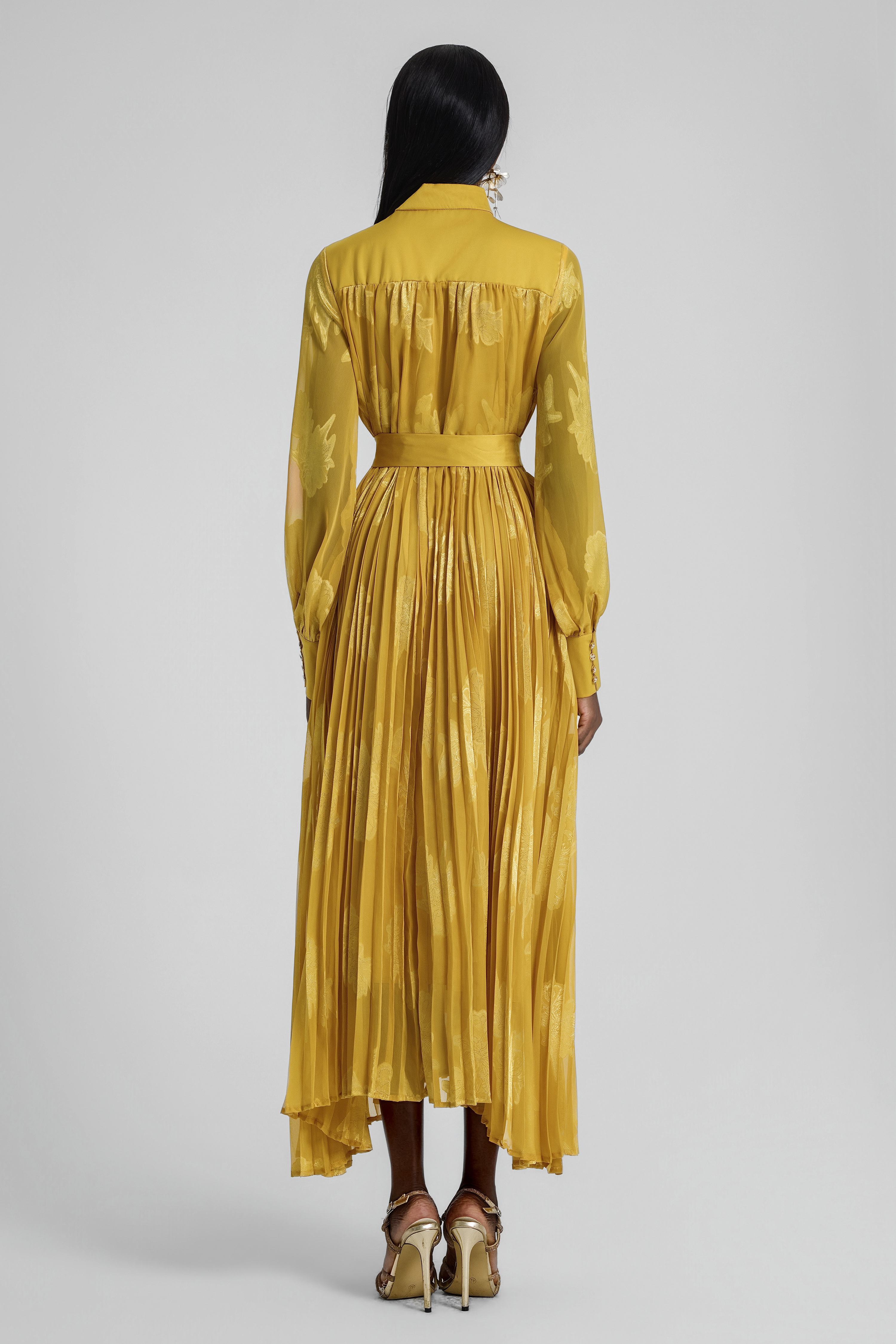 Jacquard Rhinestone Rivets Pleated Maxi Dress