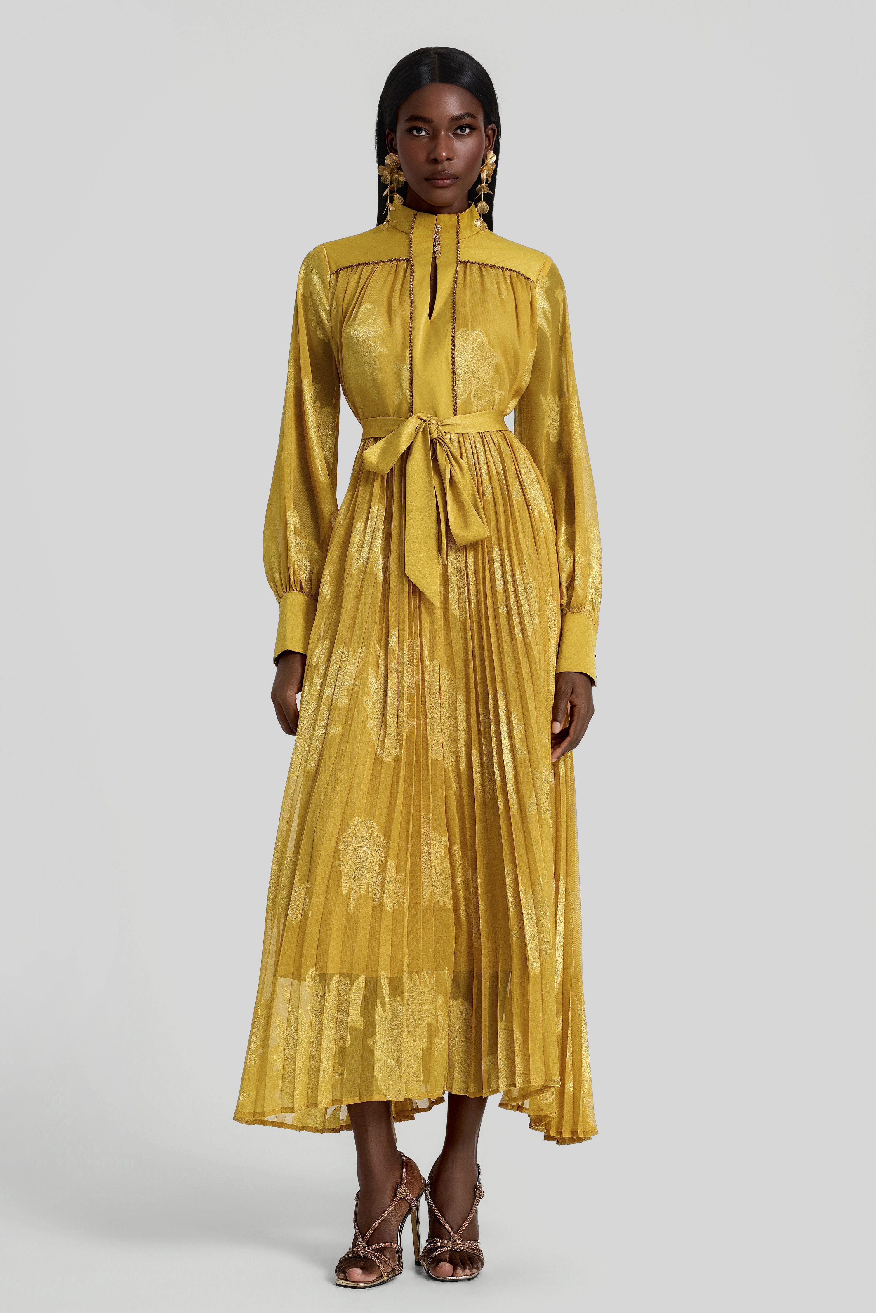 Jacquard Rhinestone Rivets Pleated Maxi Dress