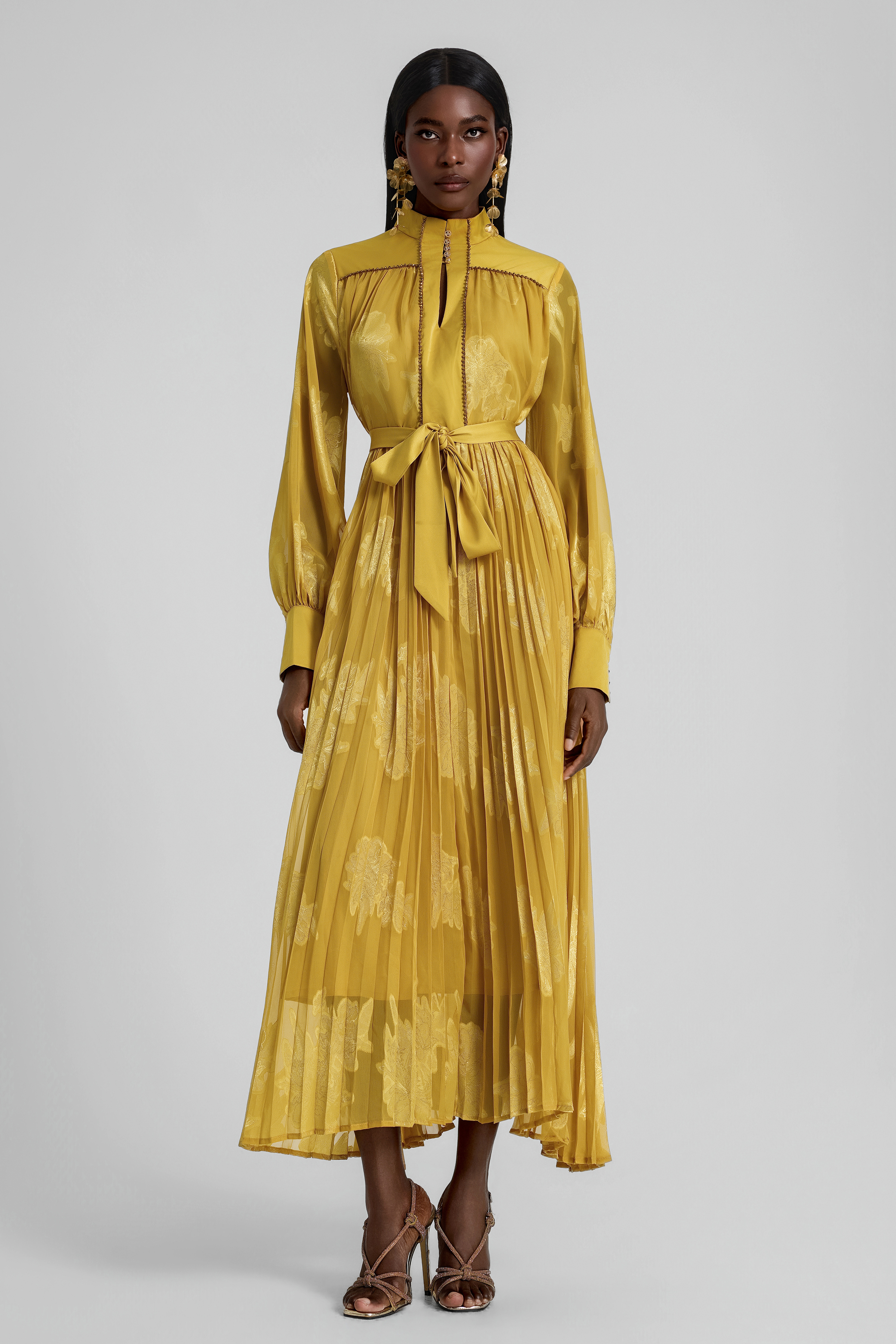 Jacquard Rhinestone Rivets Pleated Maxi Dress