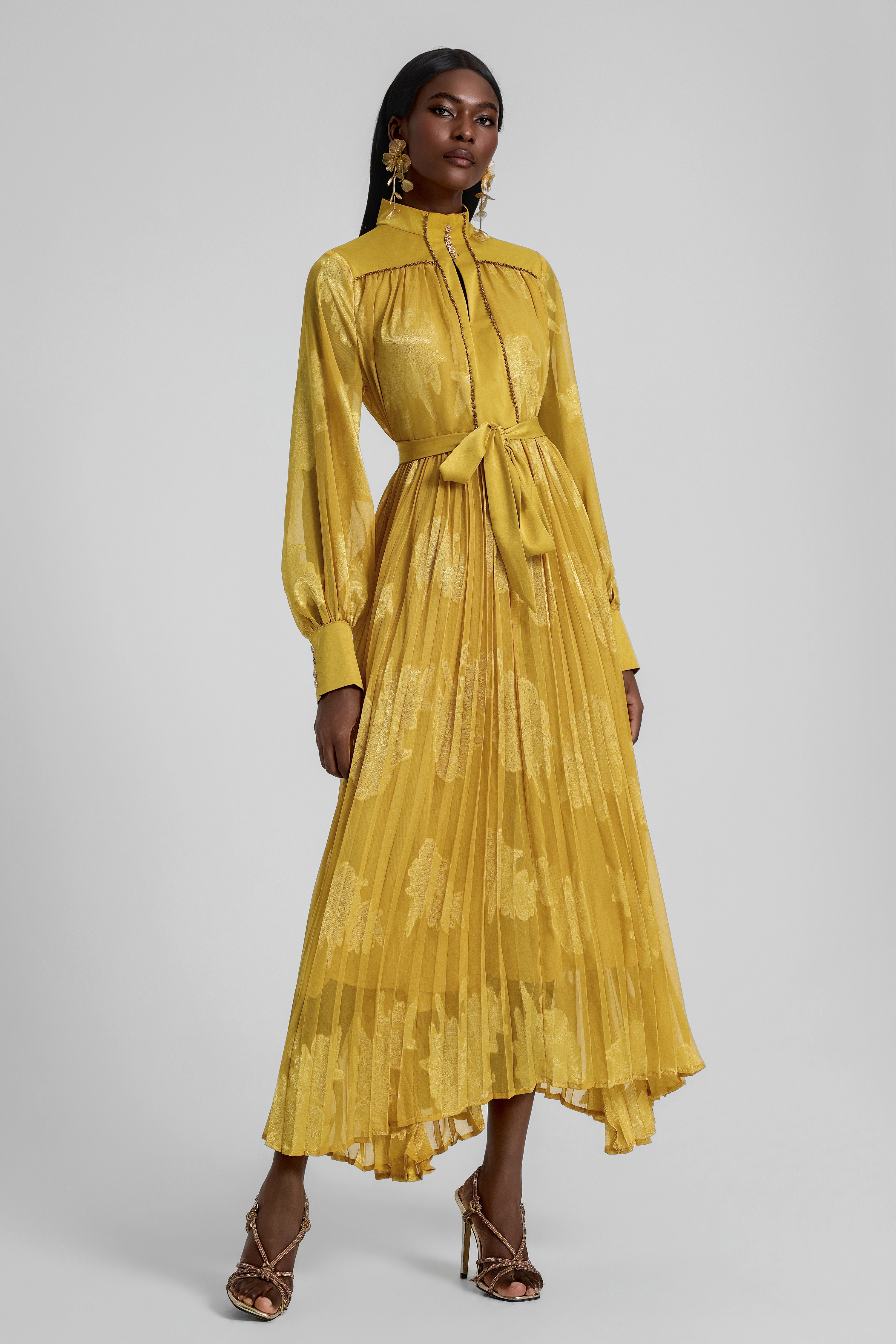 Jacquard Rhinestone Rivets Pleated Maxi Dress