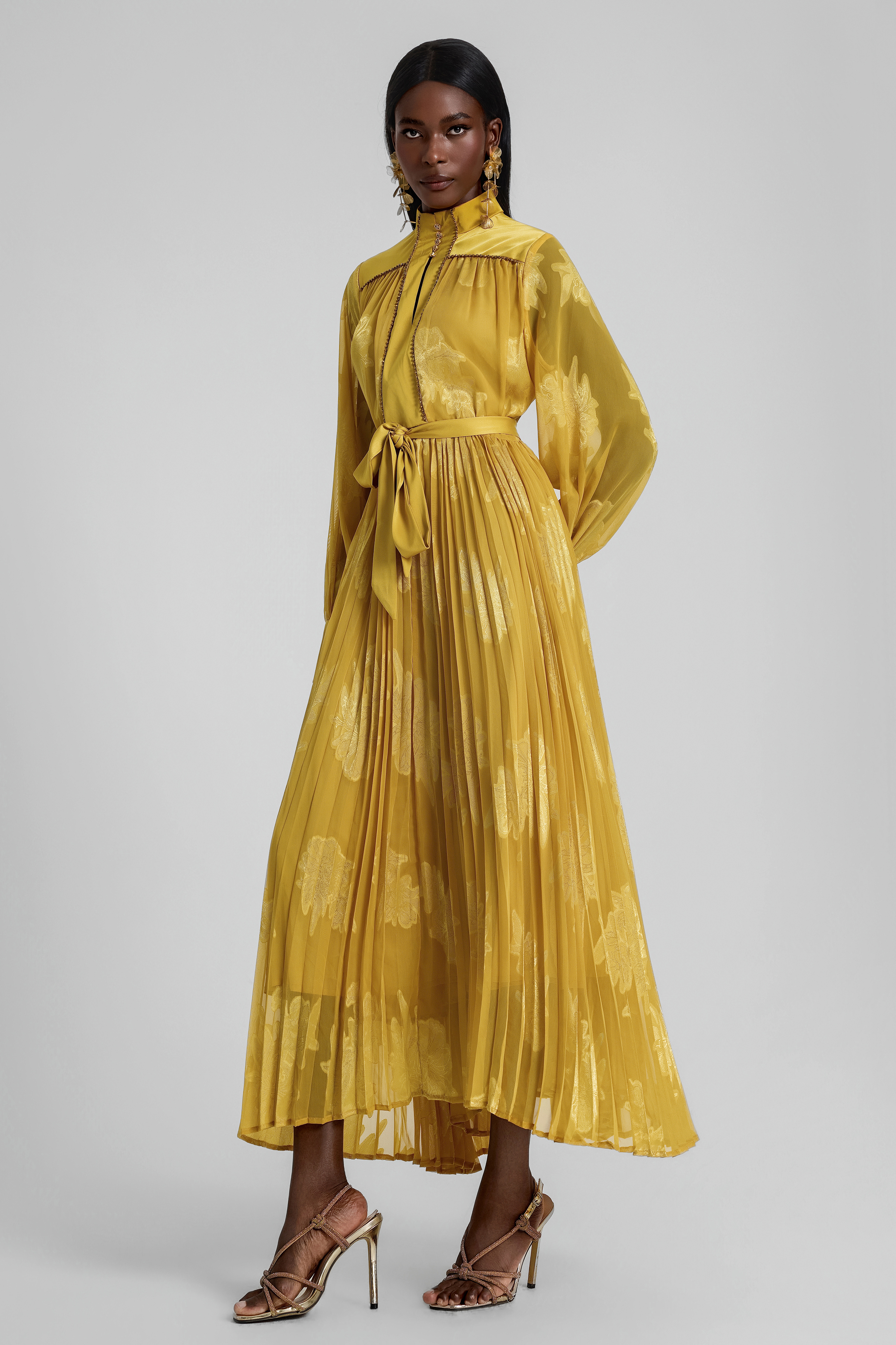 Jacquard Rhinestone Rivets Pleated Maxi Dress
