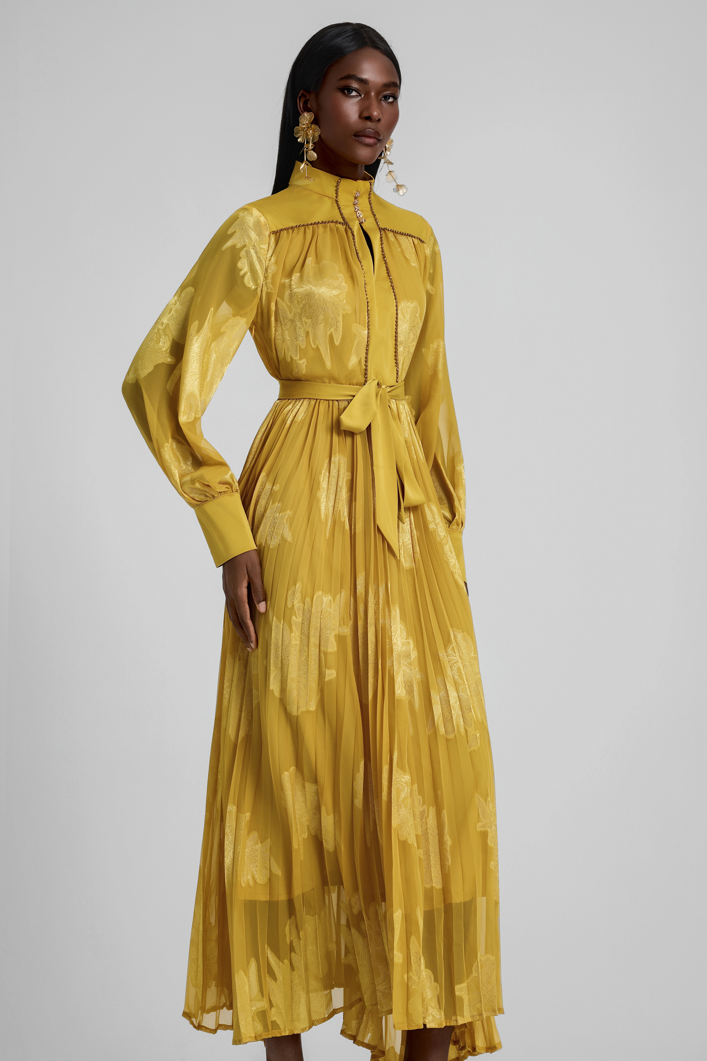 Jacquard Rhinestone Rivets Pleated Maxi Dress