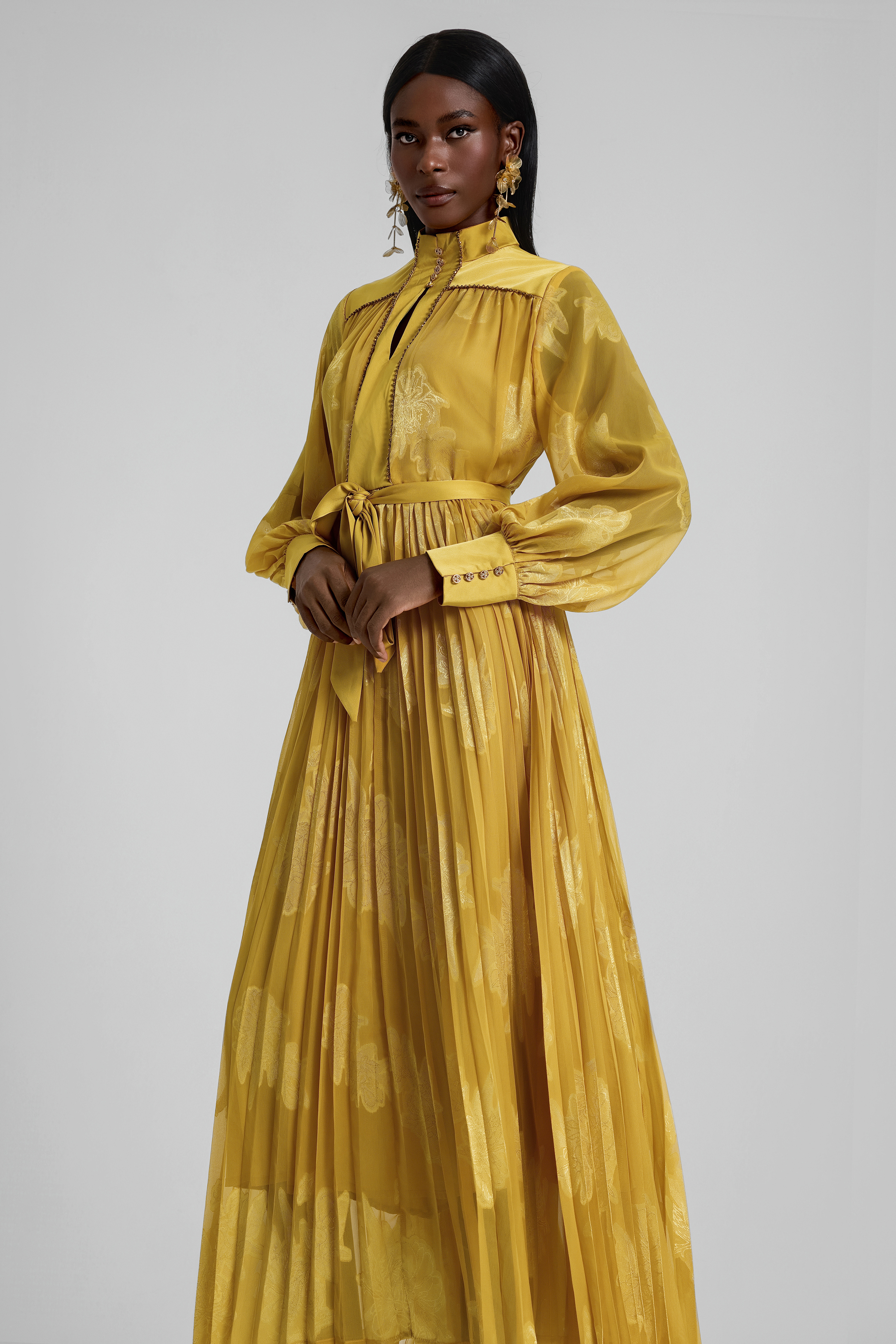 Jacquard Rhinestone Rivets Pleated Maxi Dress