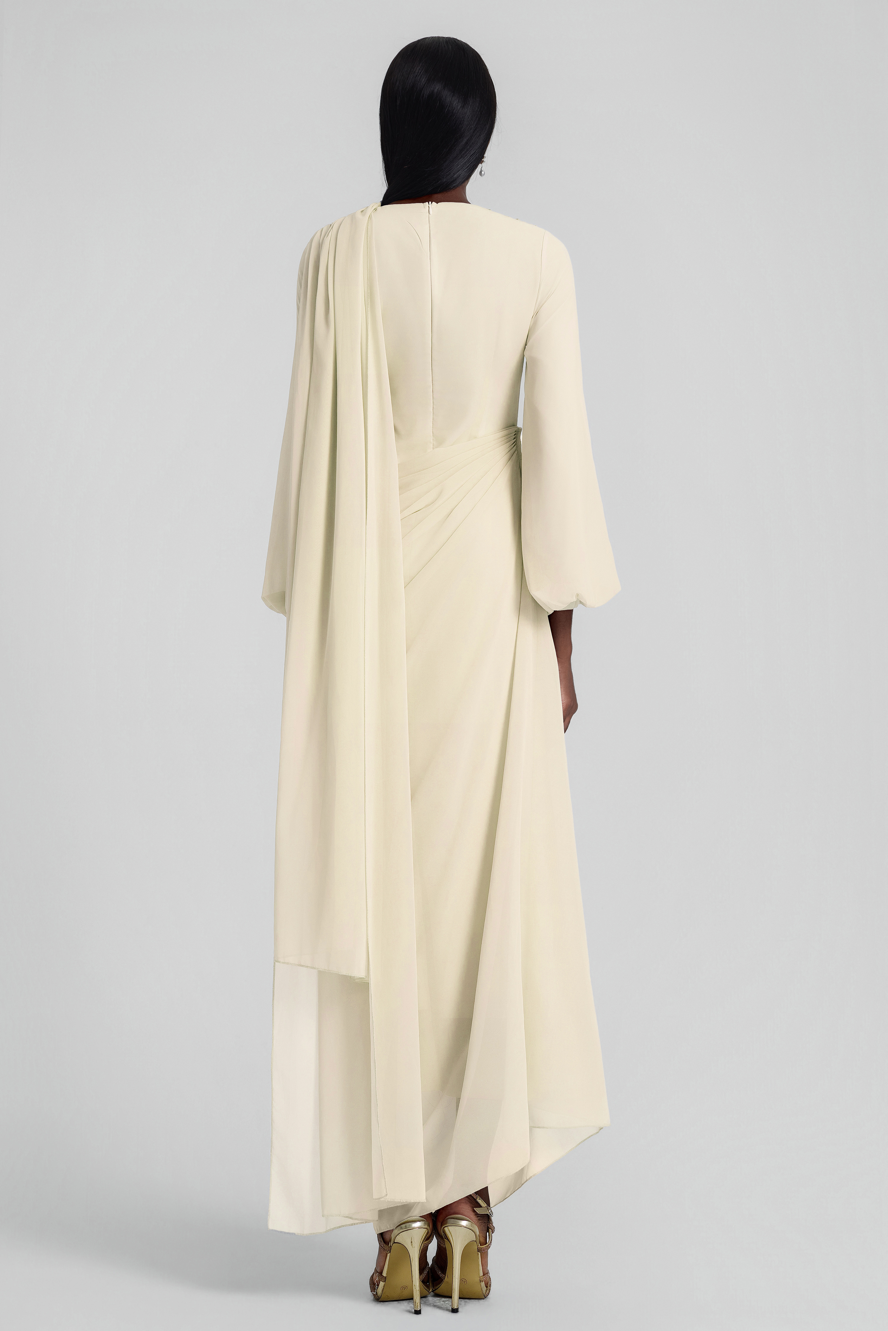 Rhinestone Lantern Sleeve Gathering Maxi Dress