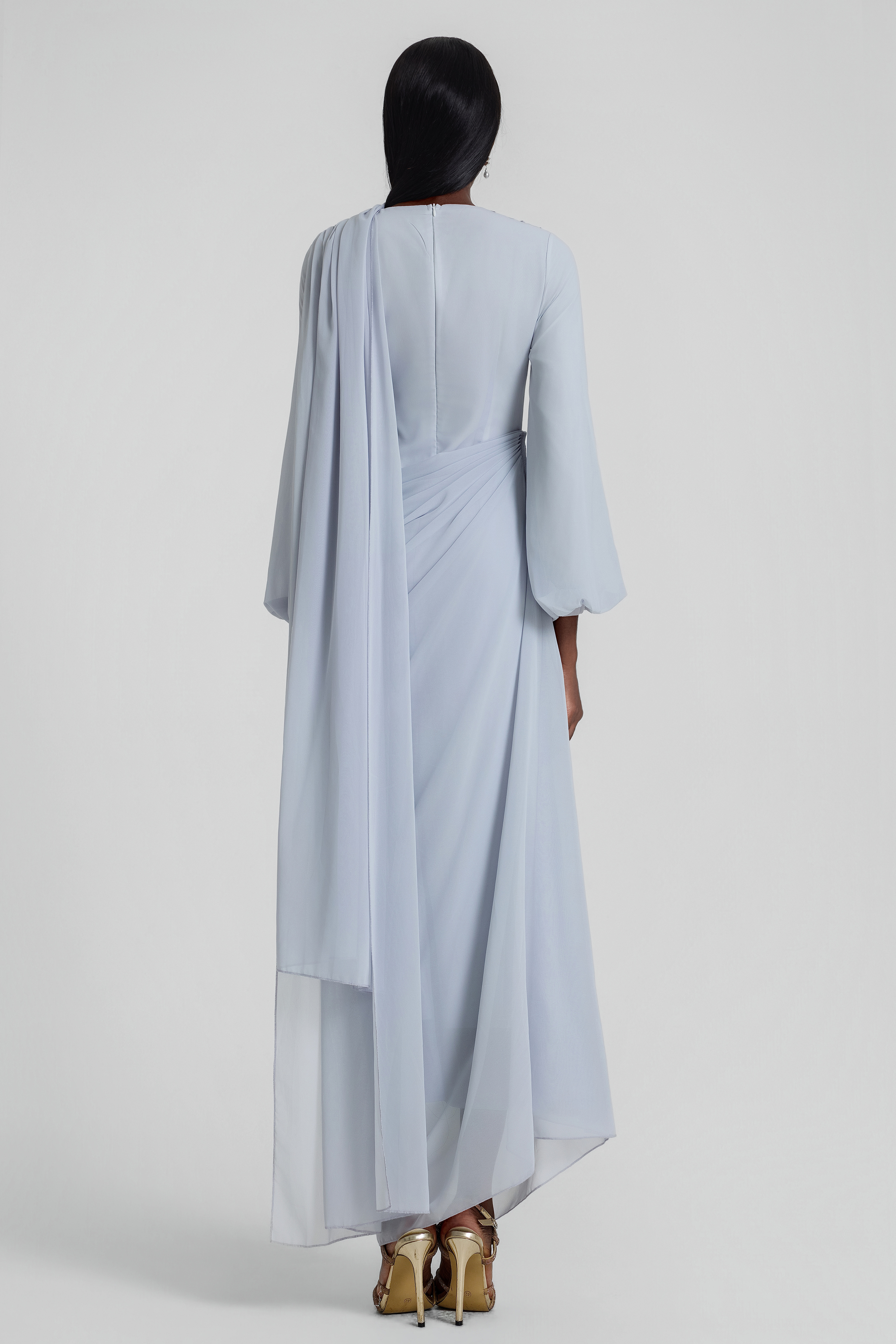 Rhinestone Lantern Sleeve Gathering Maxi Dress