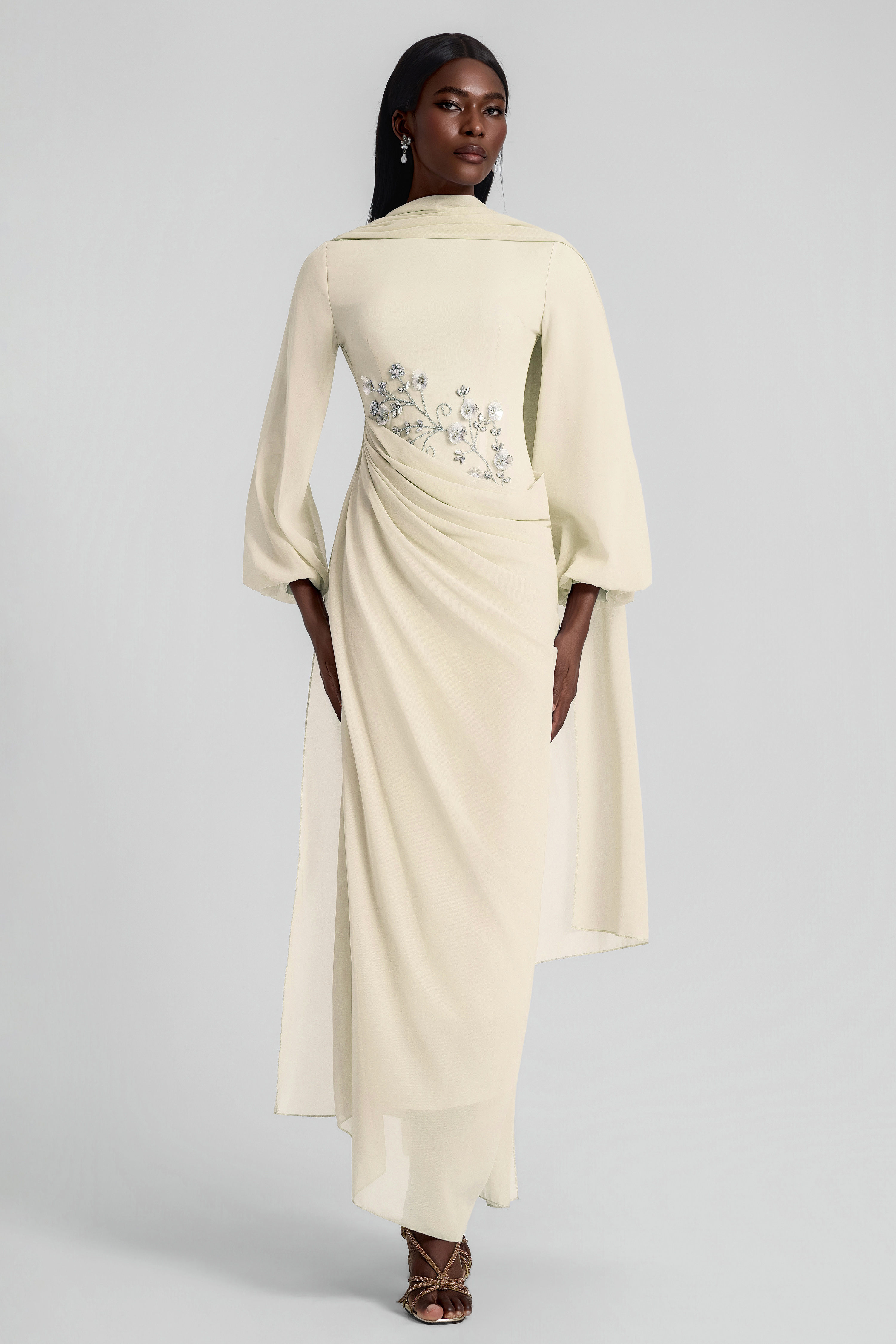 Rhinestone Lantern Sleeve Gathering Maxi Dress