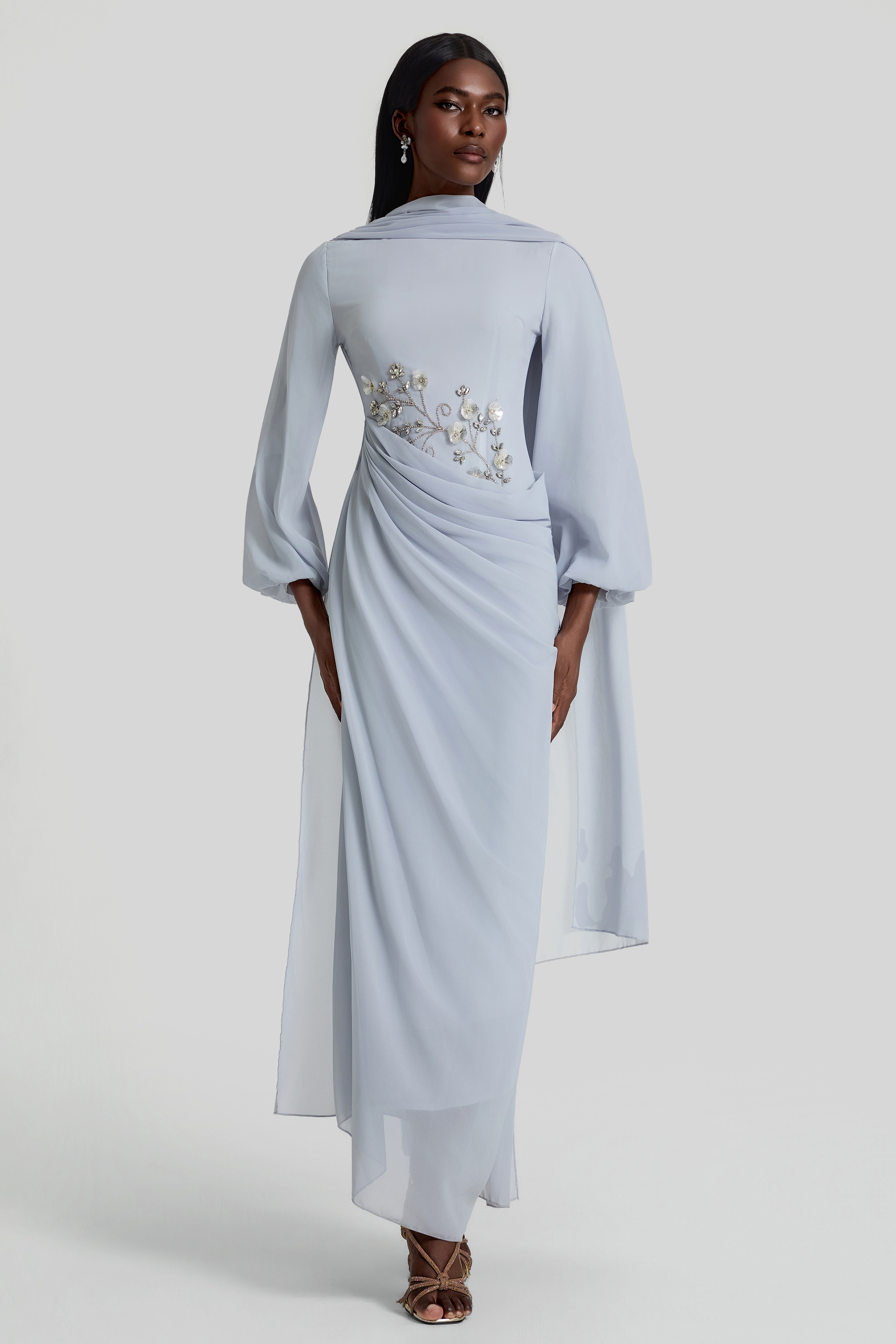 Rhinestone Lantern Sleeve Gathering Maxi Dress