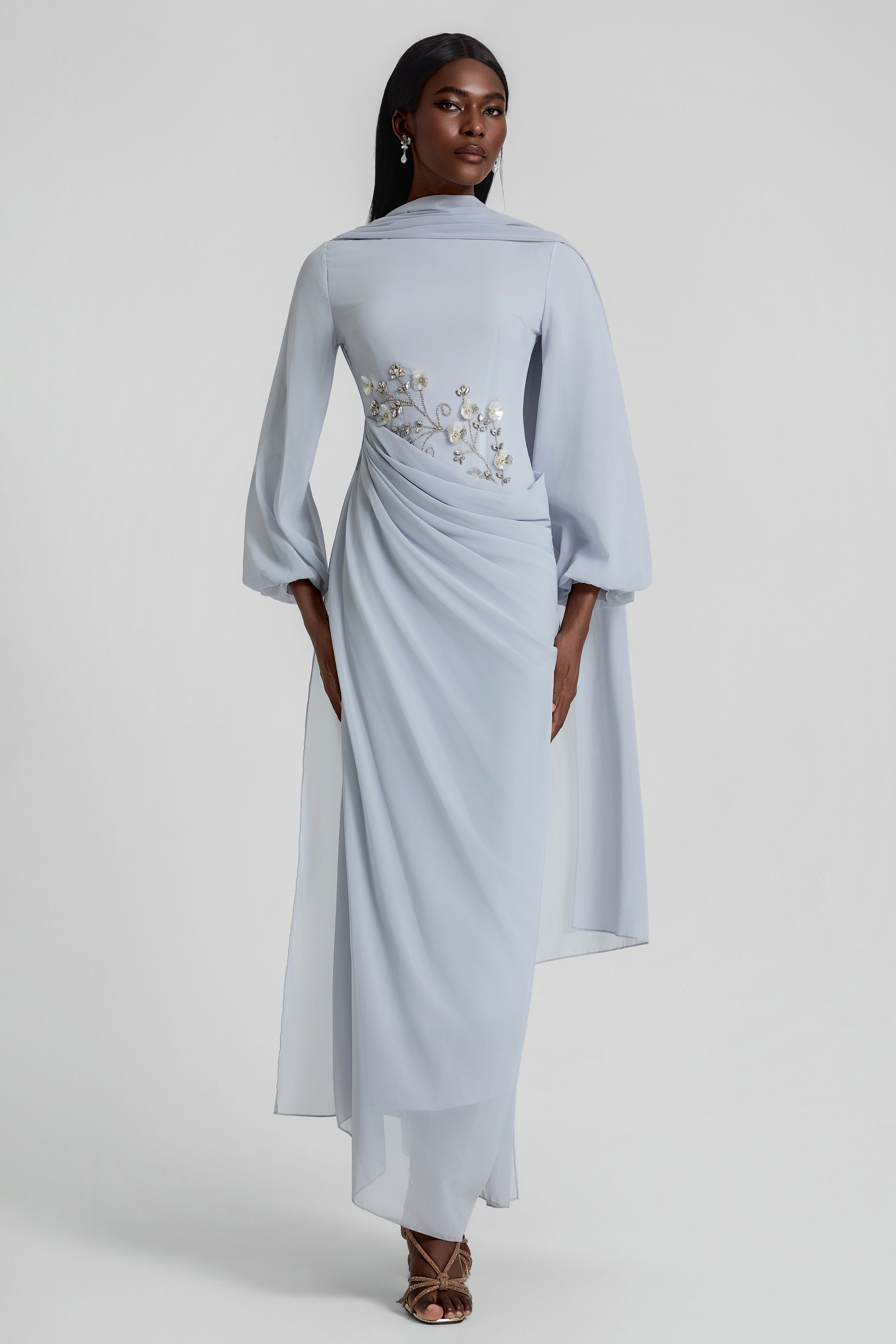 Rhinestone Lantern Sleeve Gathering Maxi Dress