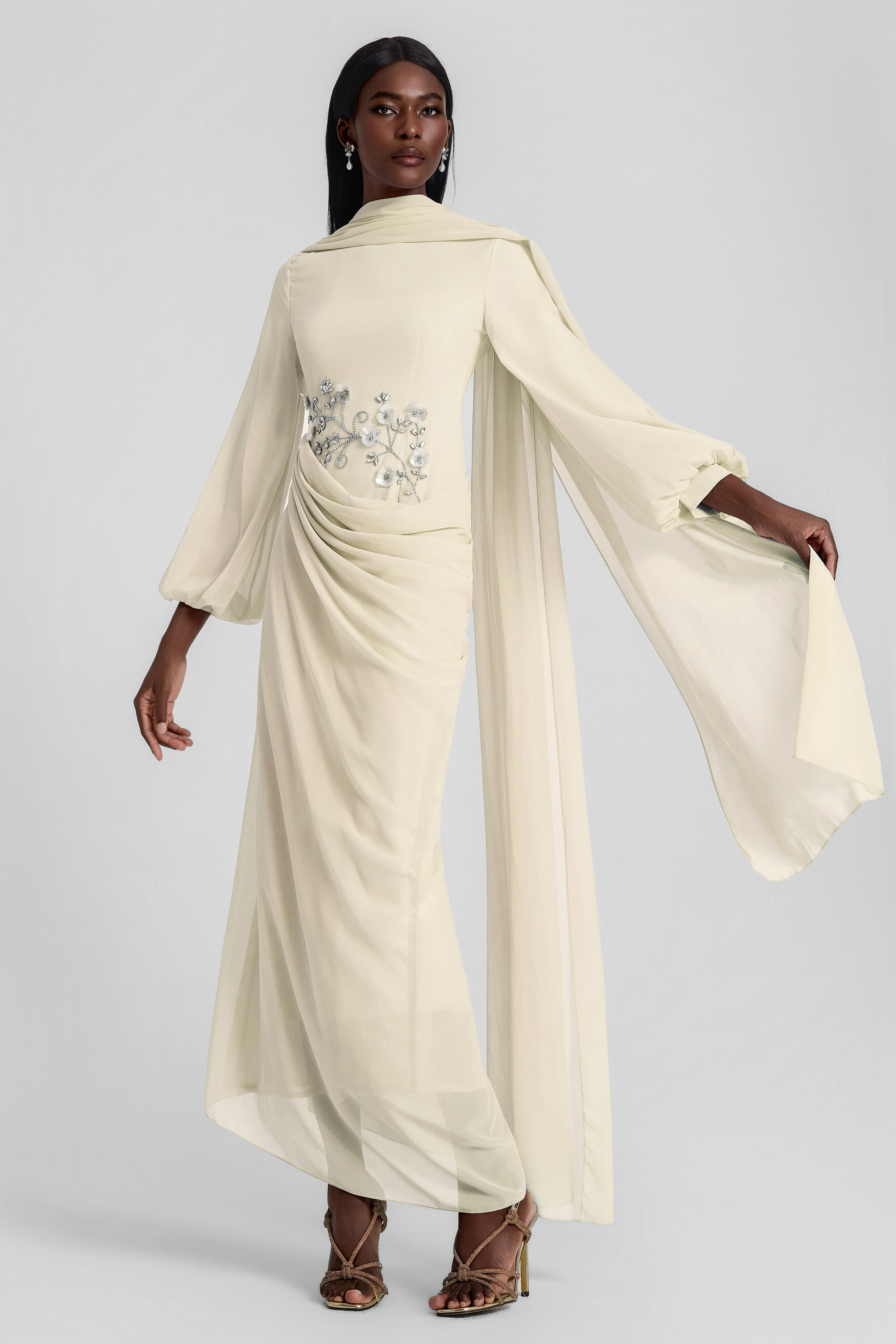 Rhinestone Lantern Sleeve Gathering Maxi Dress