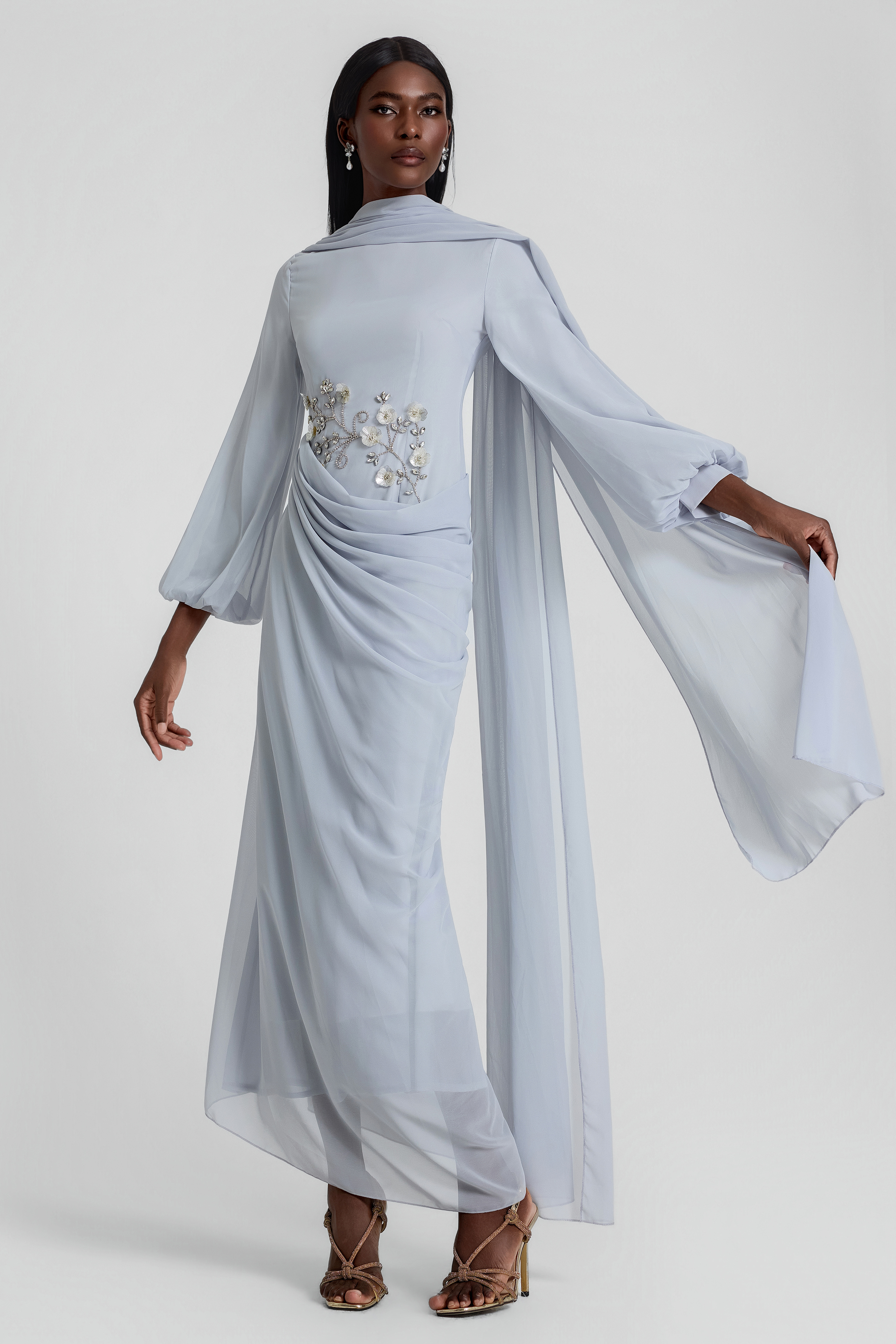 Rhinestone Lantern Sleeve Gathering Maxi Dress