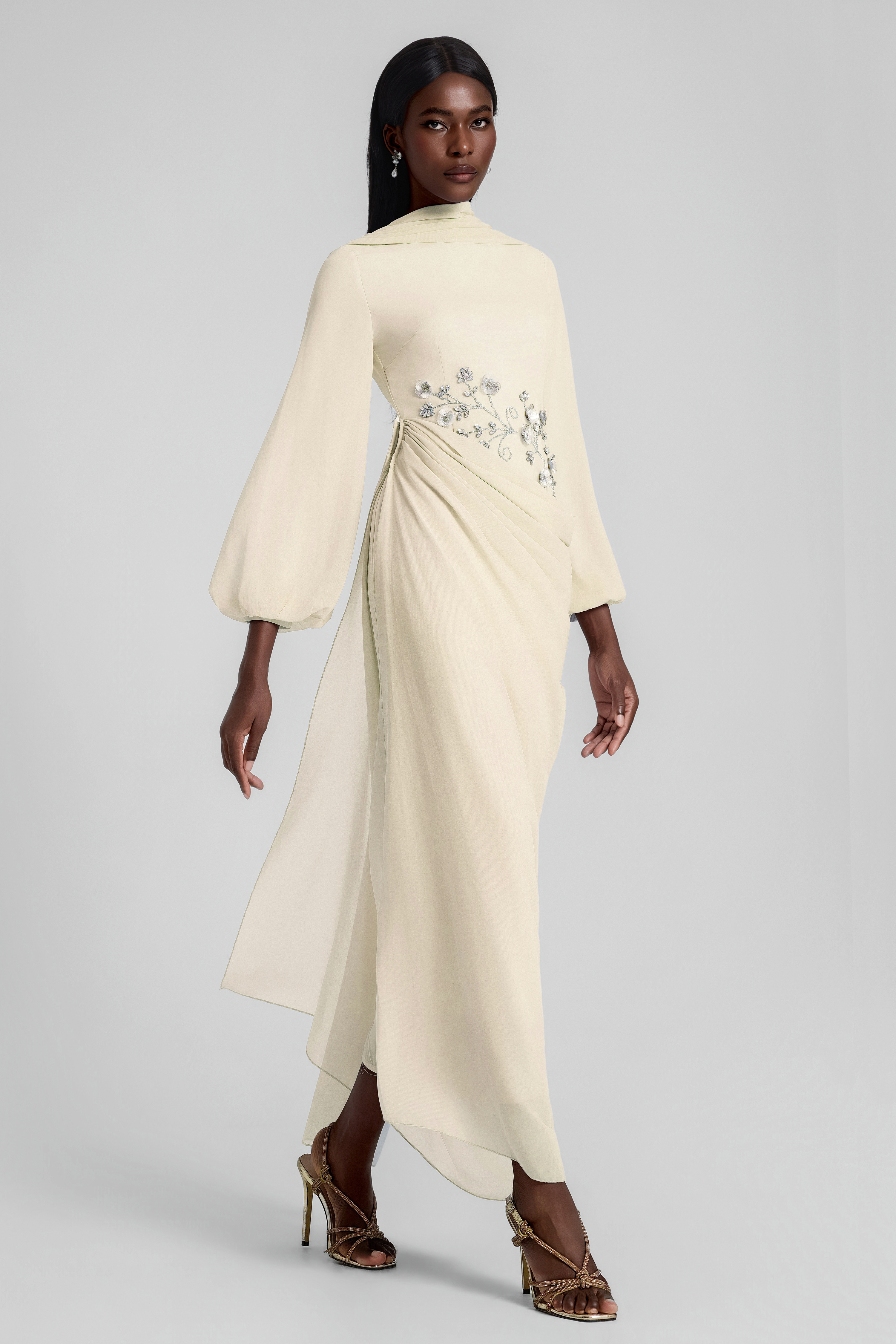 Rhinestone Lantern Sleeve Gathering Maxi Dress