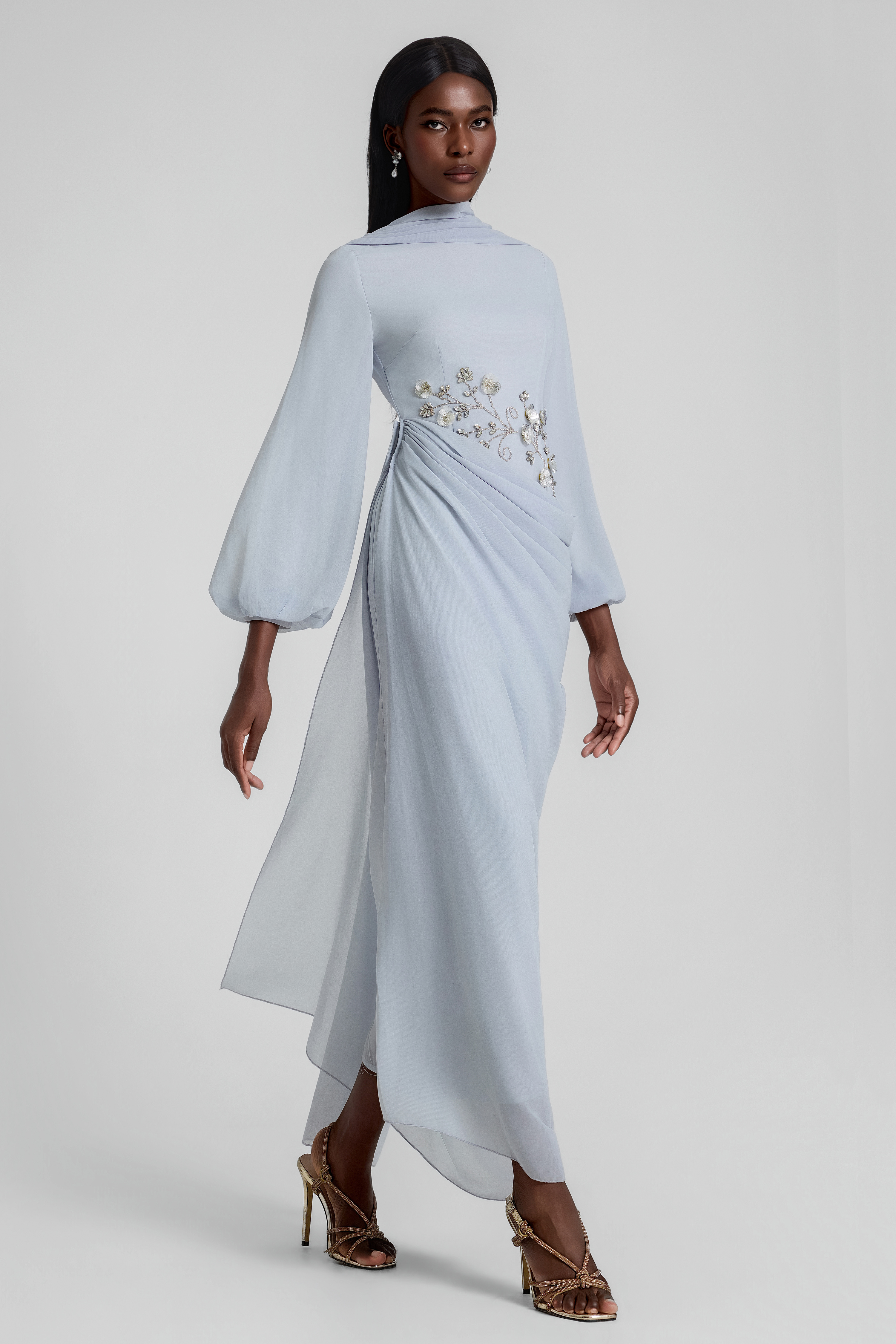 Rhinestone Lantern Sleeve Gathering Maxi Dress