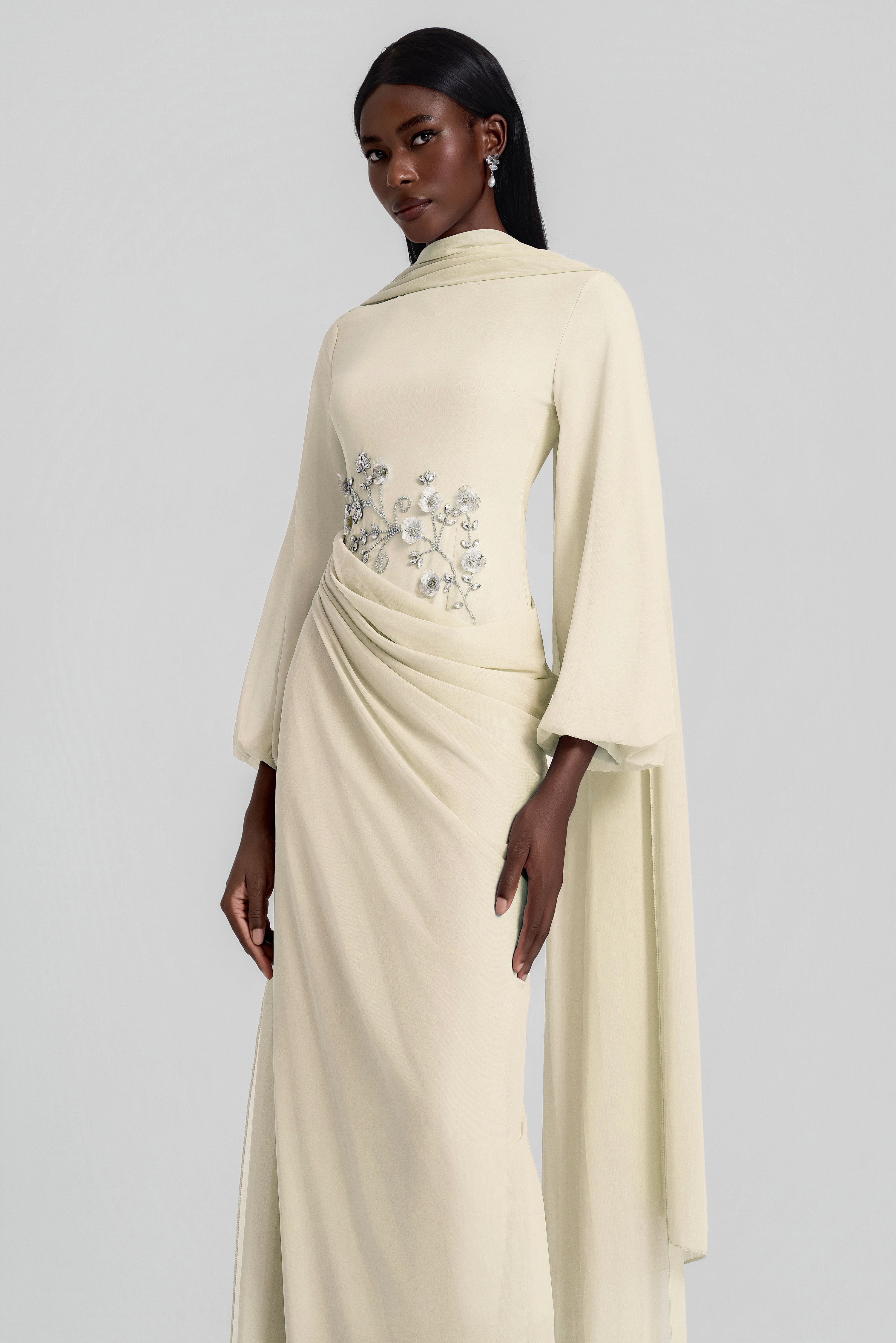 Rhinestone Lantern Sleeve Gathering Maxi Dress