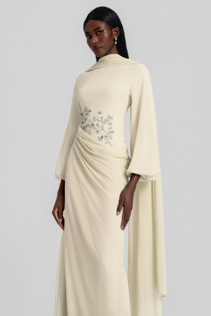 Rhinestone Lantern Sleeve Gathering Maxi Dress
