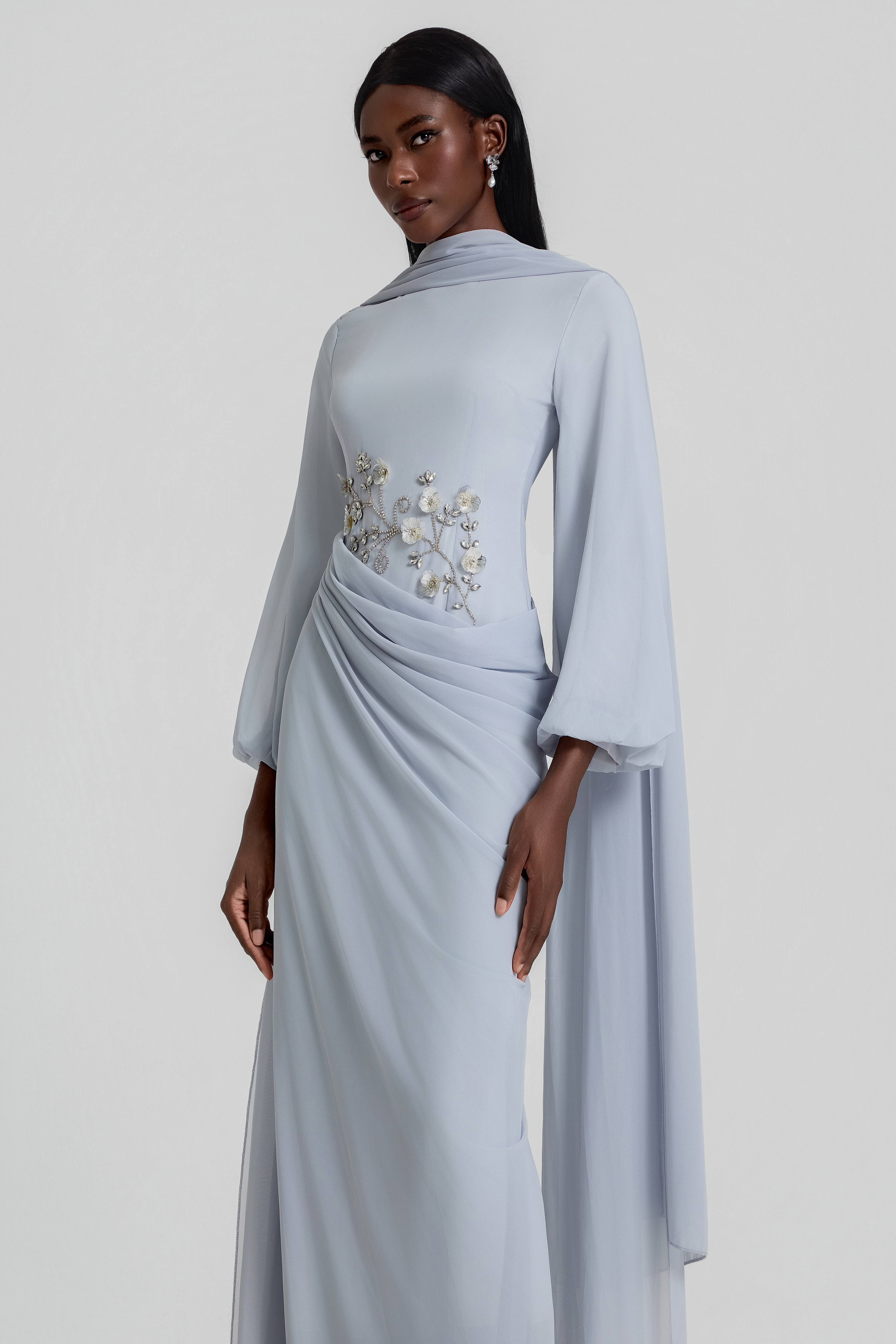 Rhinestone Lantern Sleeve Gathering Maxi Dress