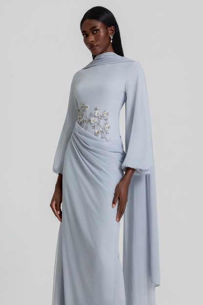 Rhinestone Lantern Sleeve Gathering Maxi Dress