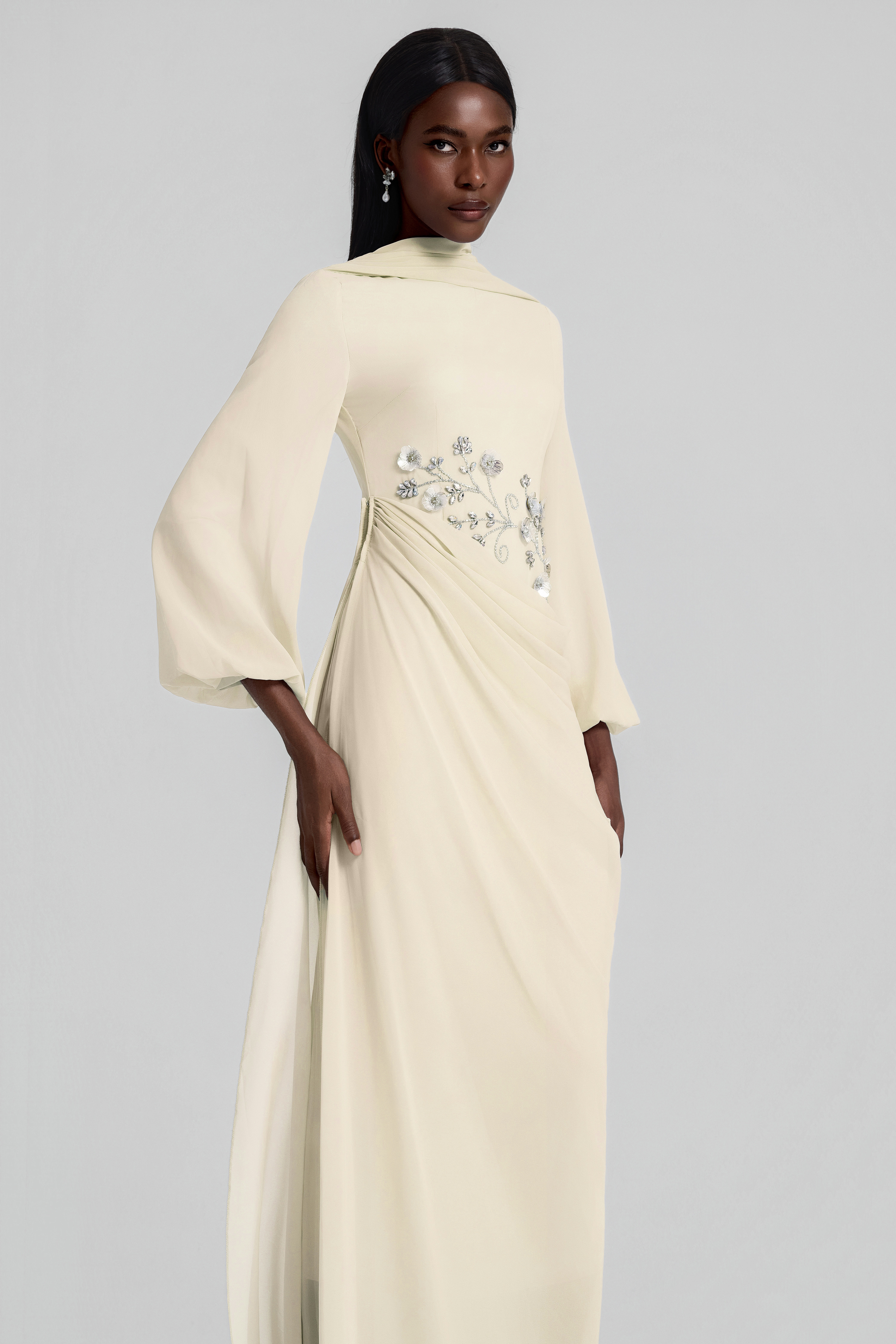 Rhinestone Lantern Sleeve Gathering Maxi Dress