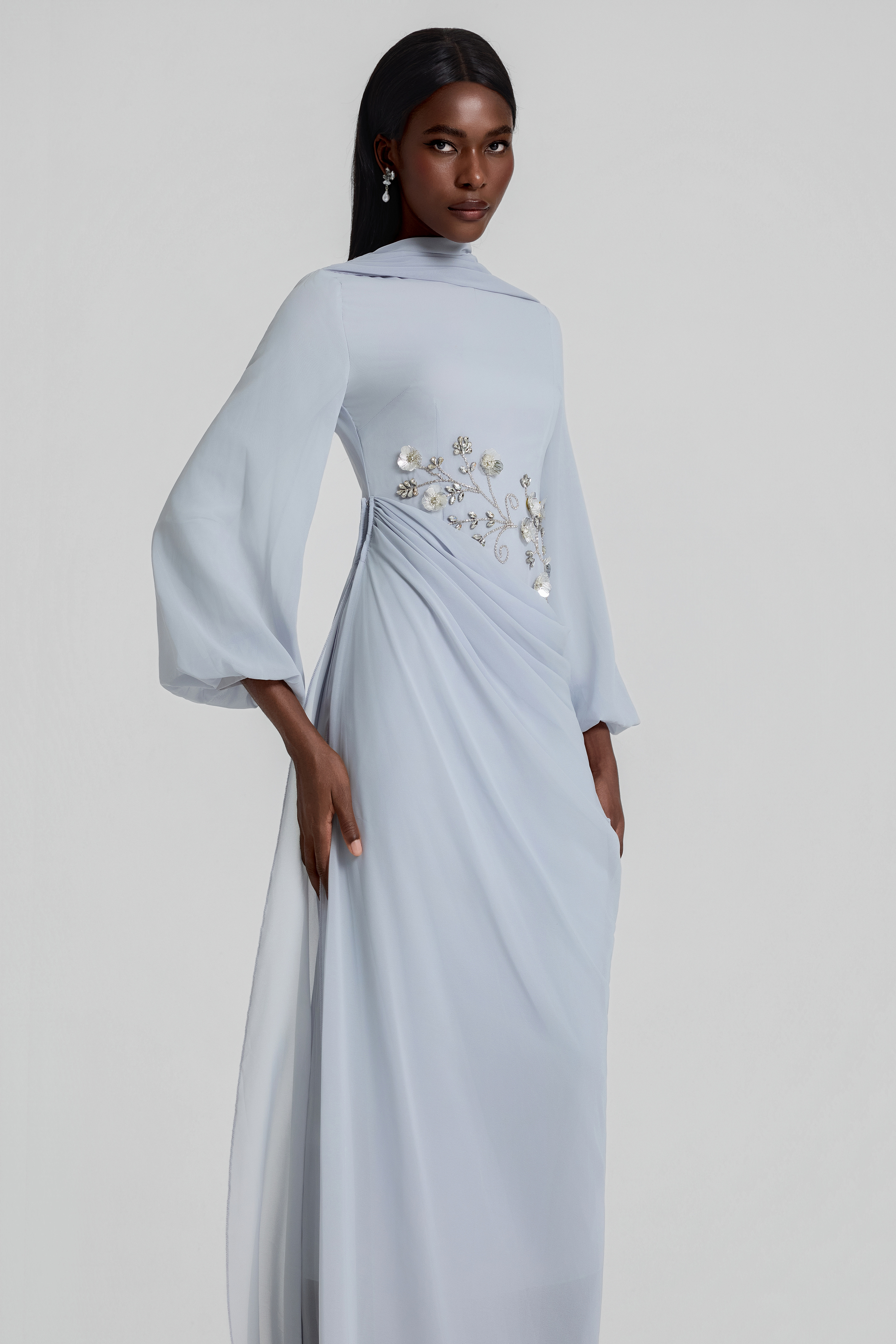 Rhinestone Lantern Sleeve Gathering Maxi Dress