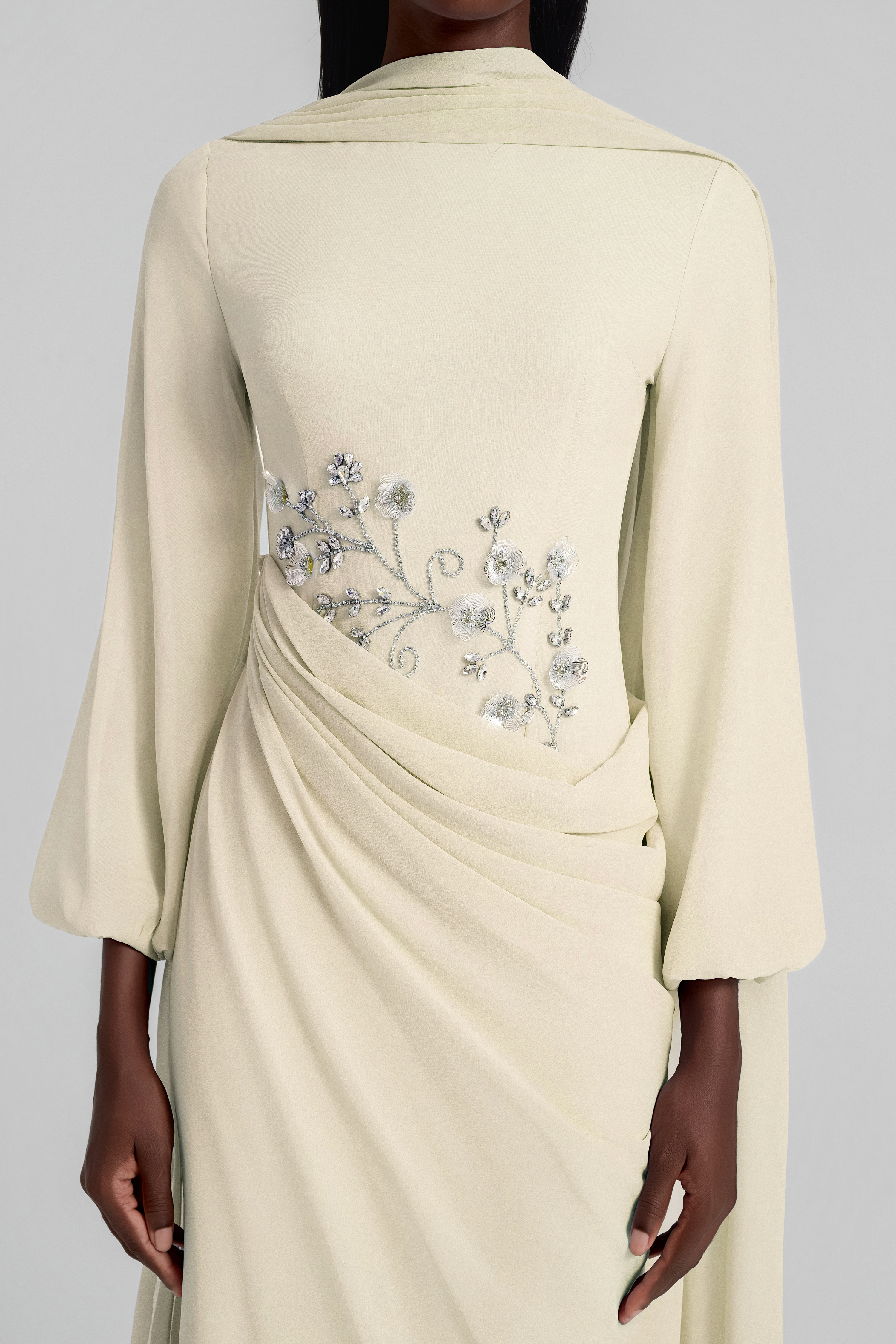 Rhinestone Lantern Sleeve Gathering Maxi Dress