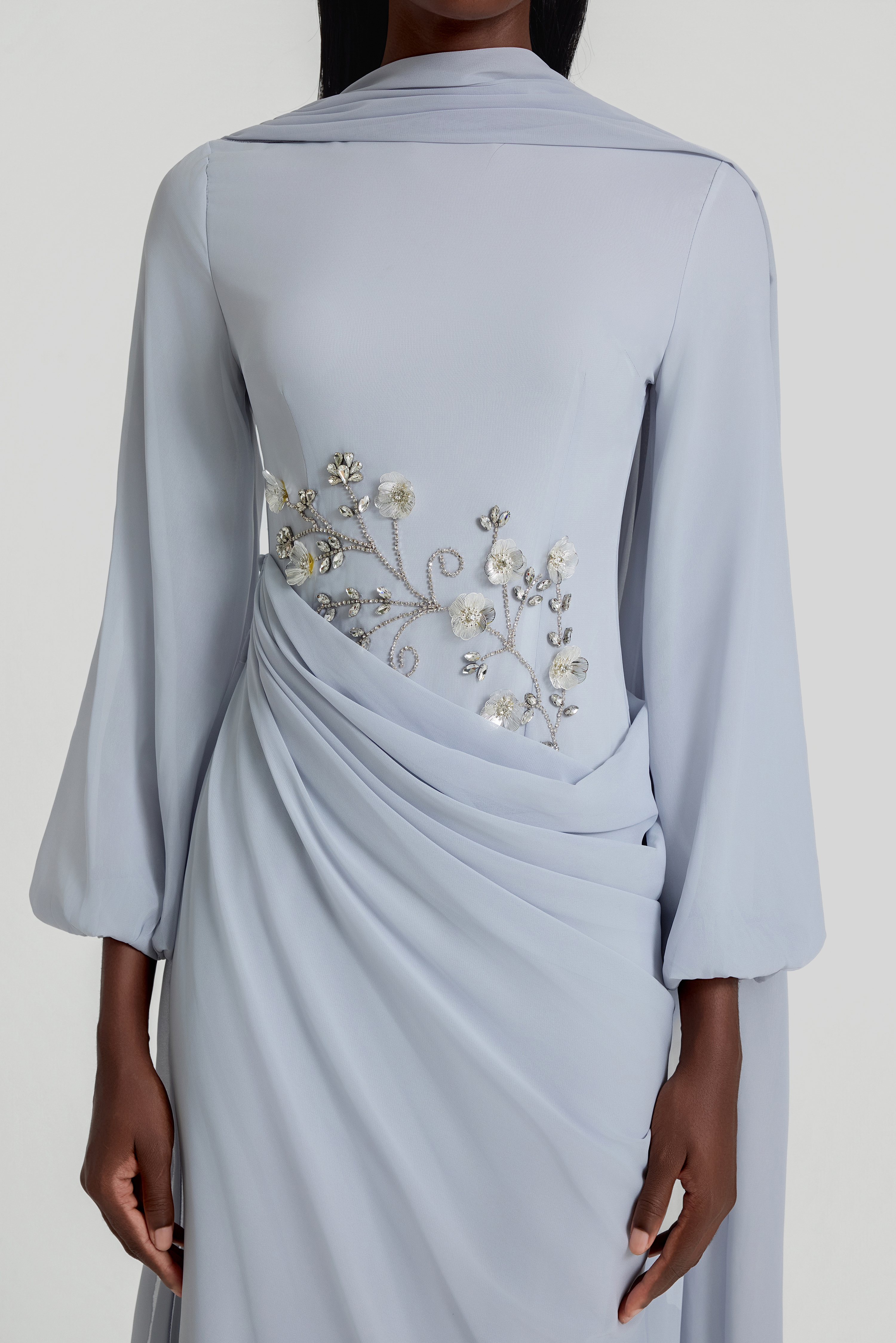 Rhinestone Lantern Sleeve Gathering Maxi Dress