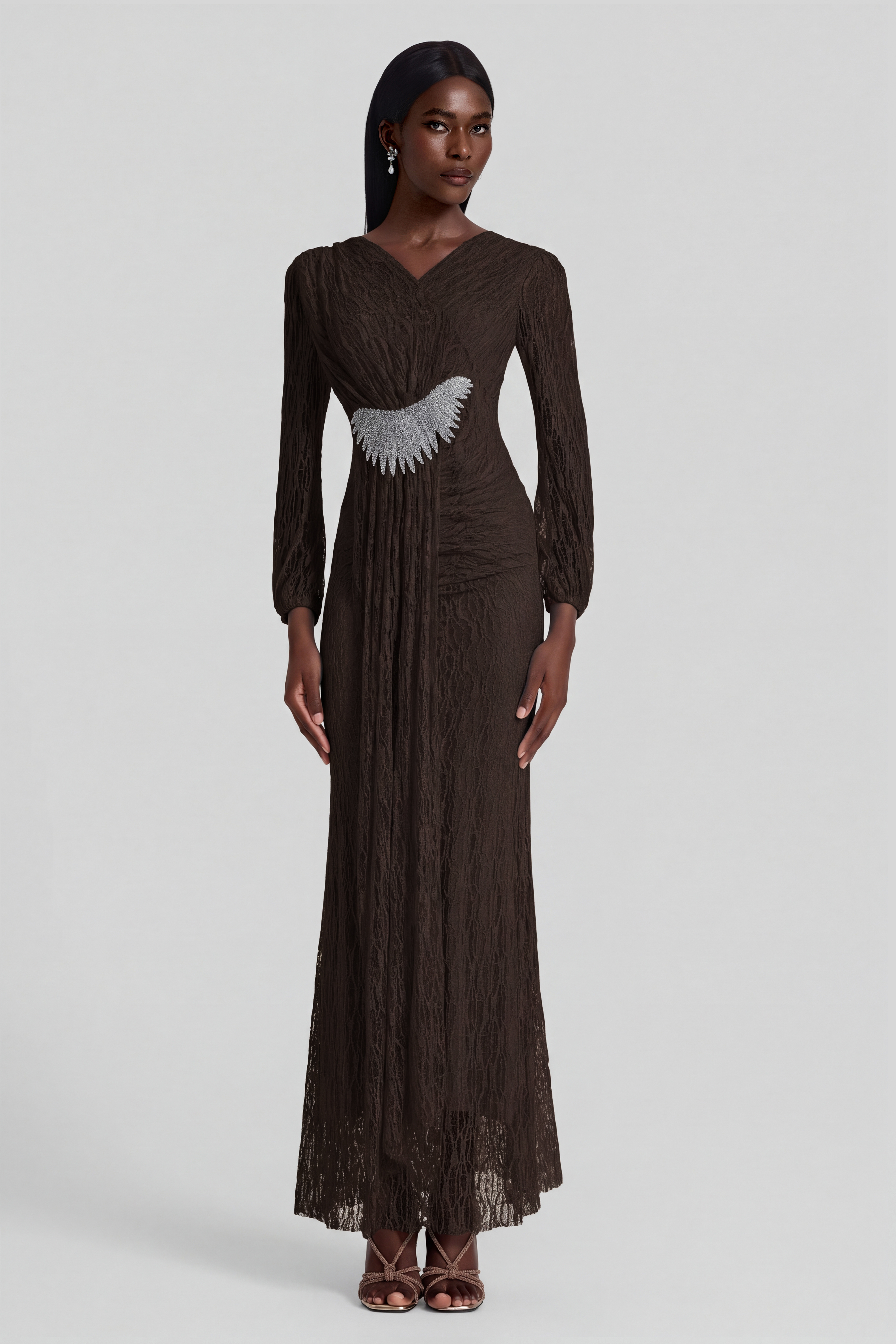 Lace Rhinestone Rivets Gathering Maxi Dress