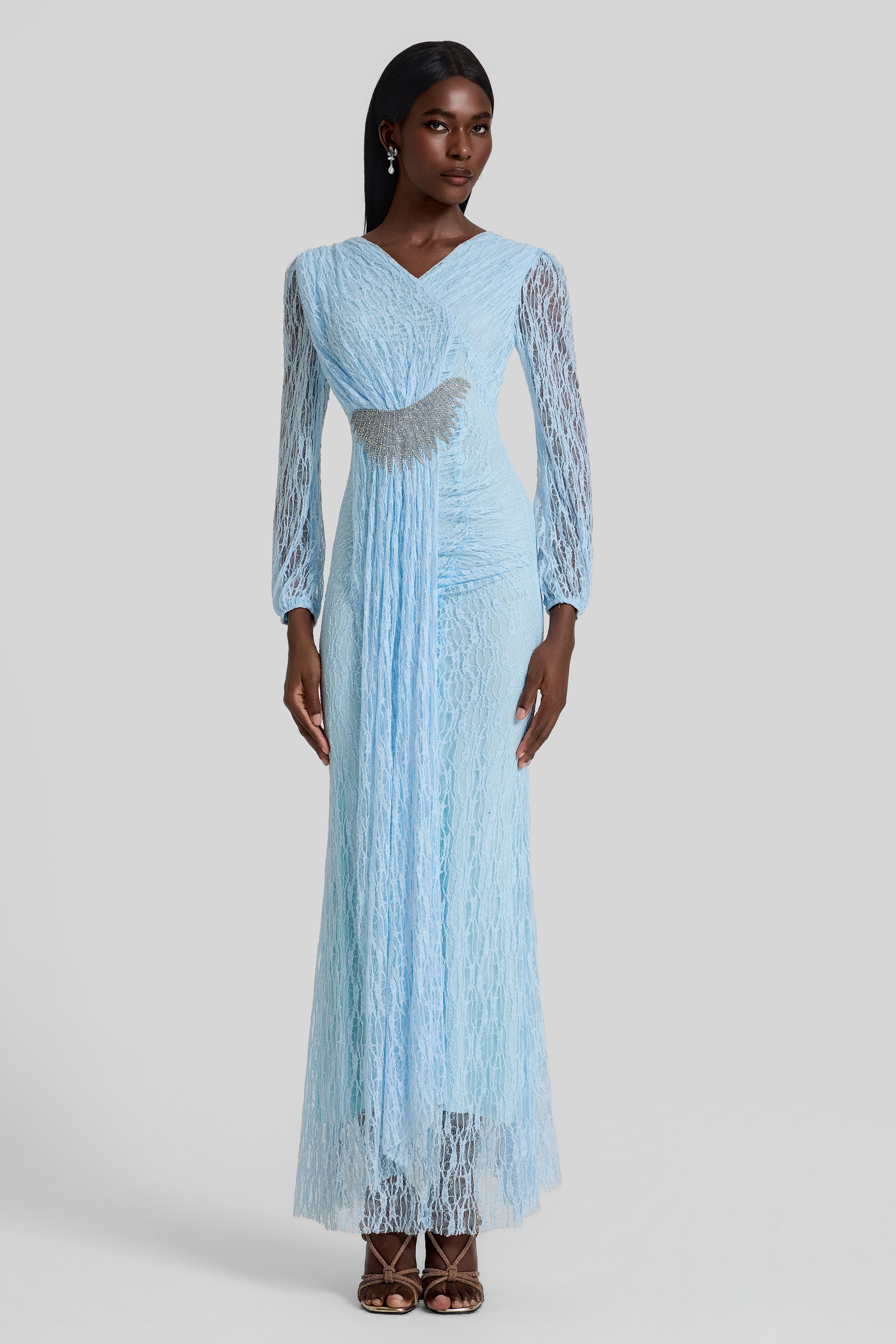 Lace Rhinestone Rivets Gathering Maxi Dress