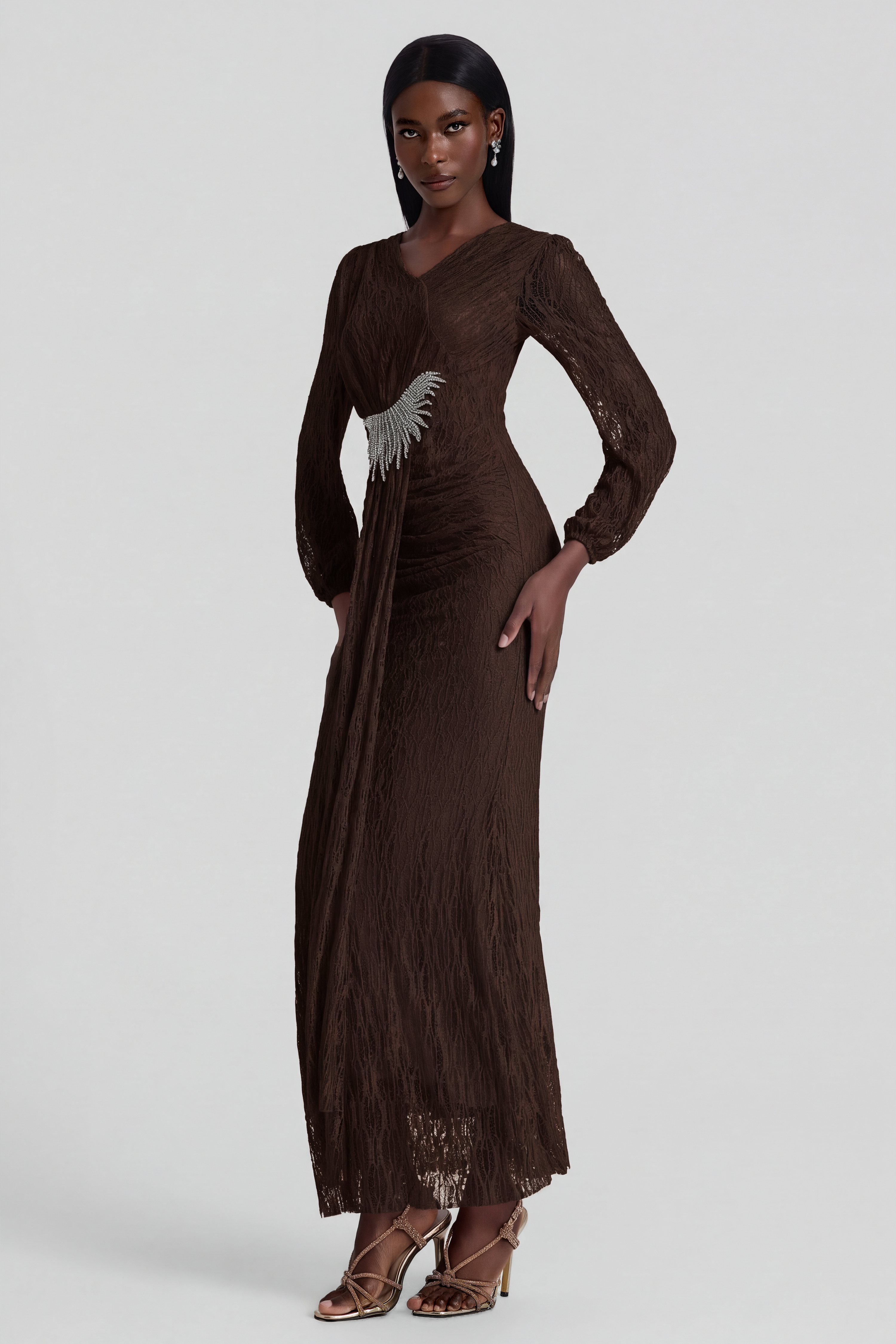 Lace Rhinestone Rivets Gathering Maxi Dress