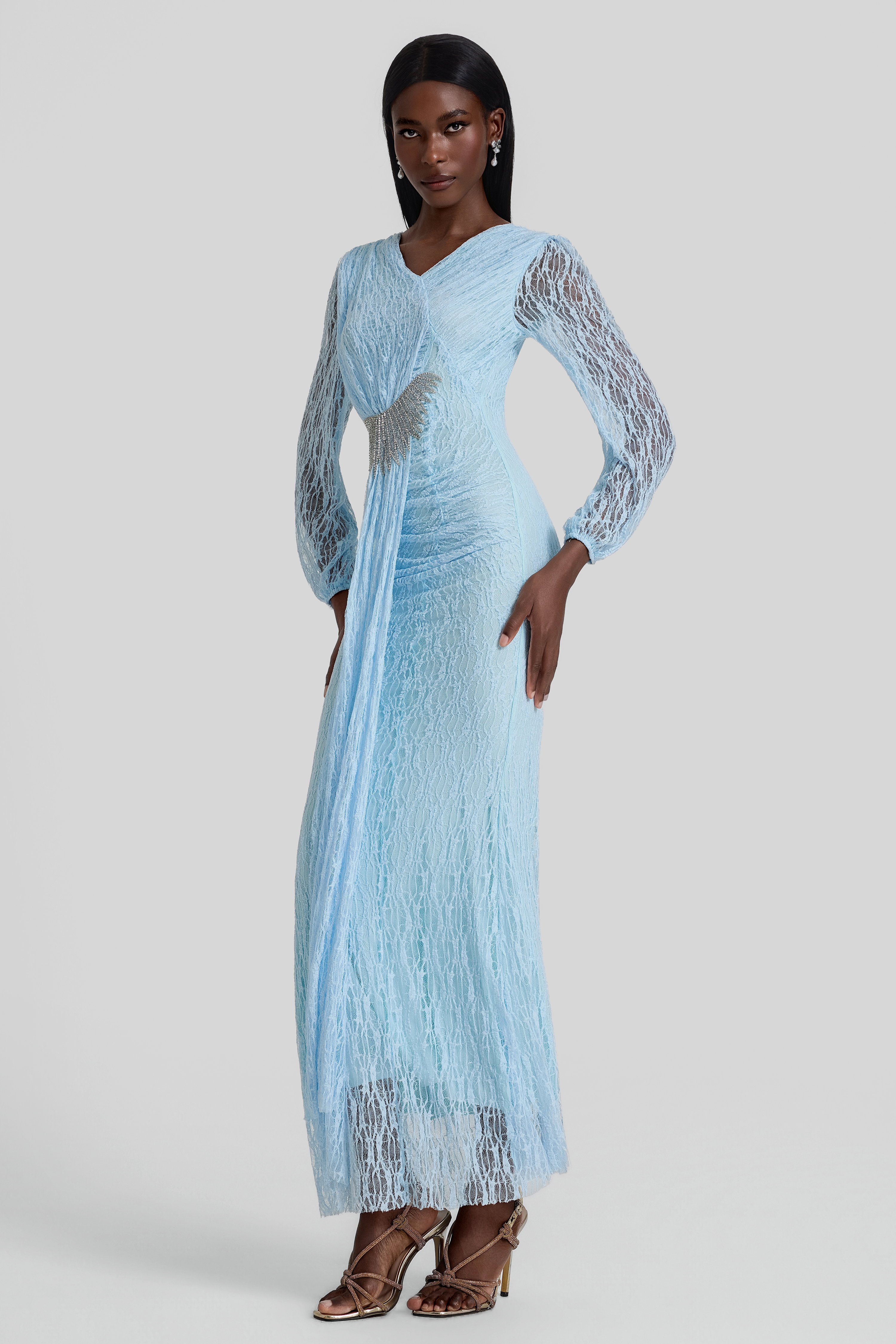 Lace Rhinestone Rivets Gathering Maxi Dress