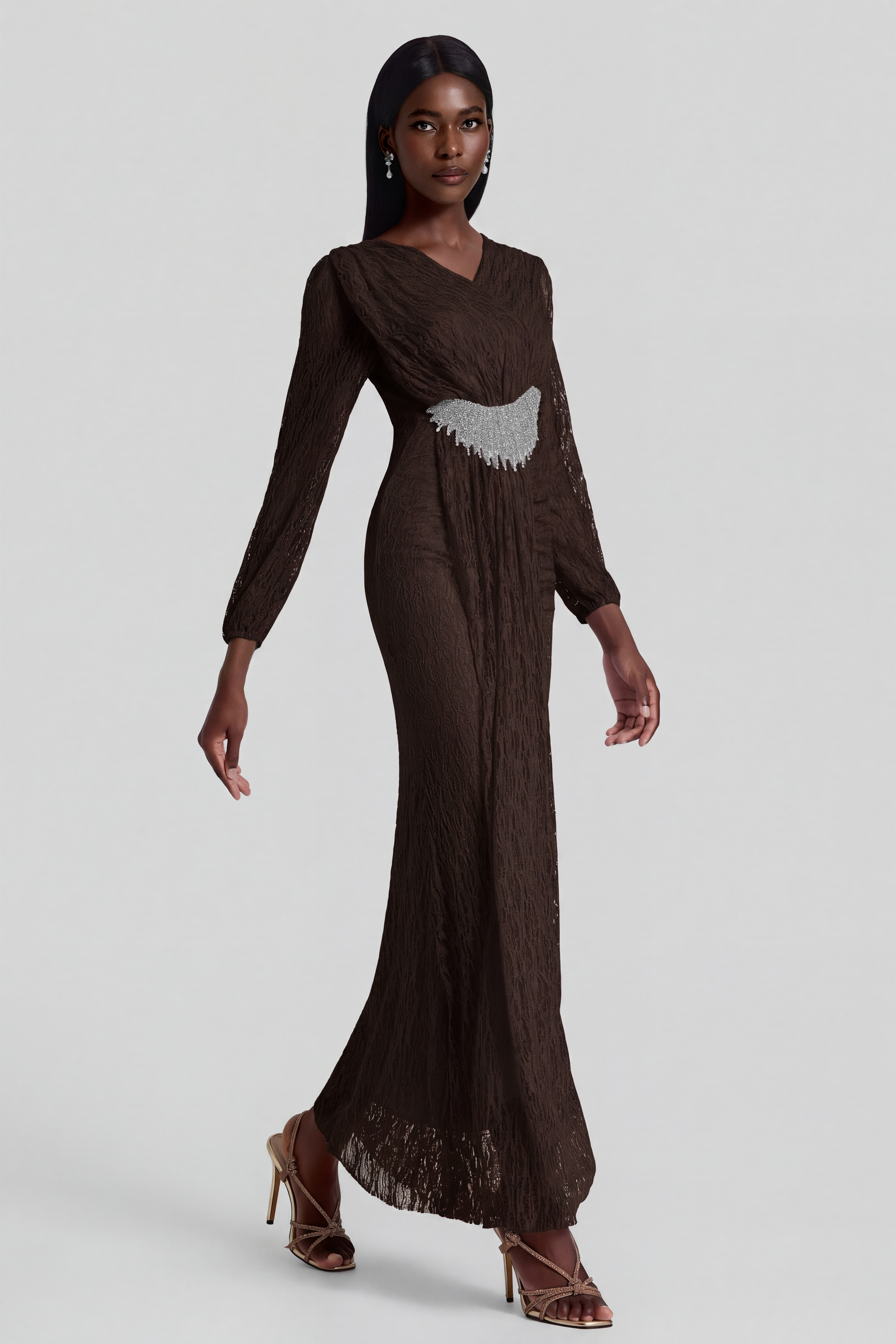 Lace Rhinestone Rivets Gathering Maxi Dress