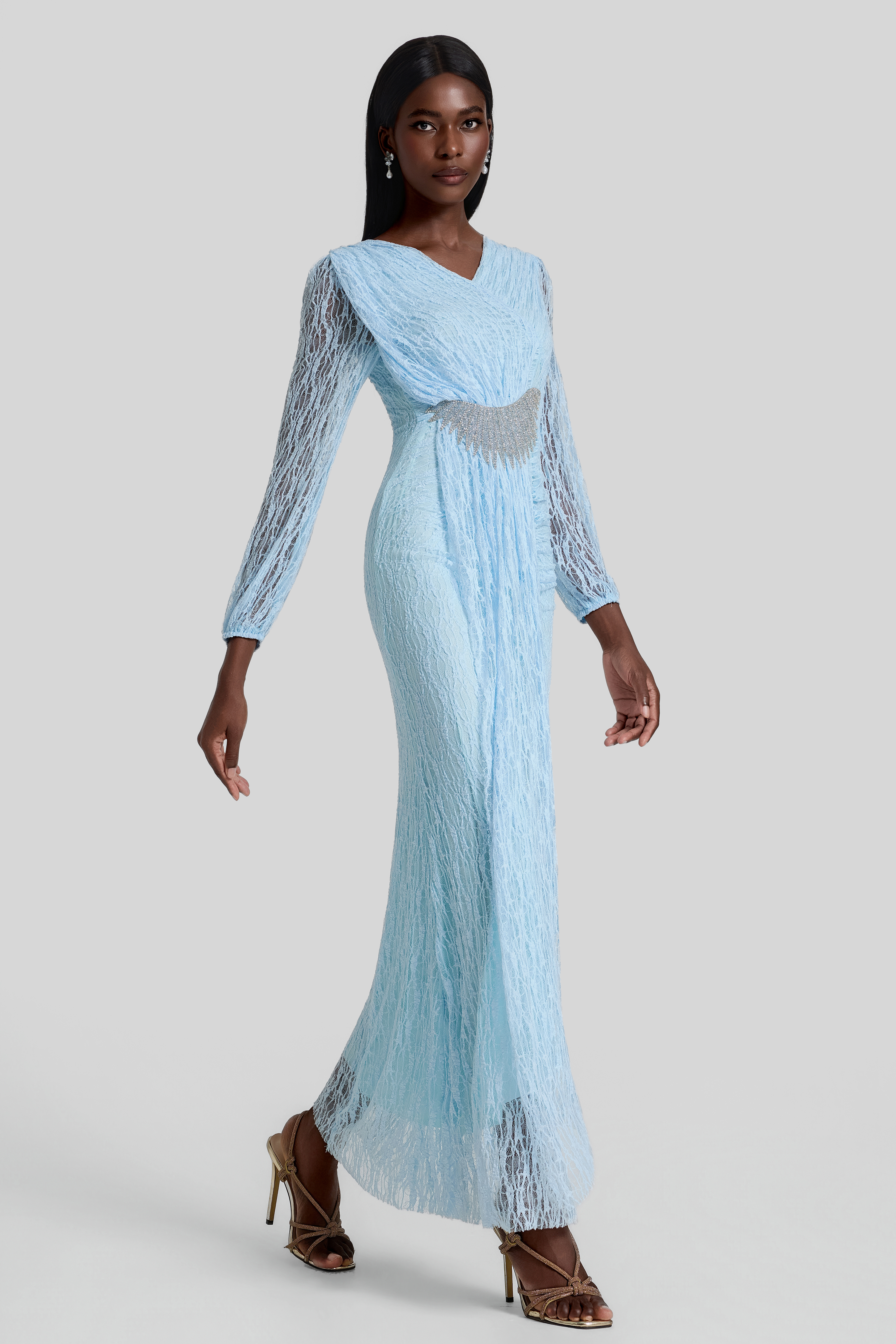 Lace Rhinestone Rivets Gathering Maxi Dress
