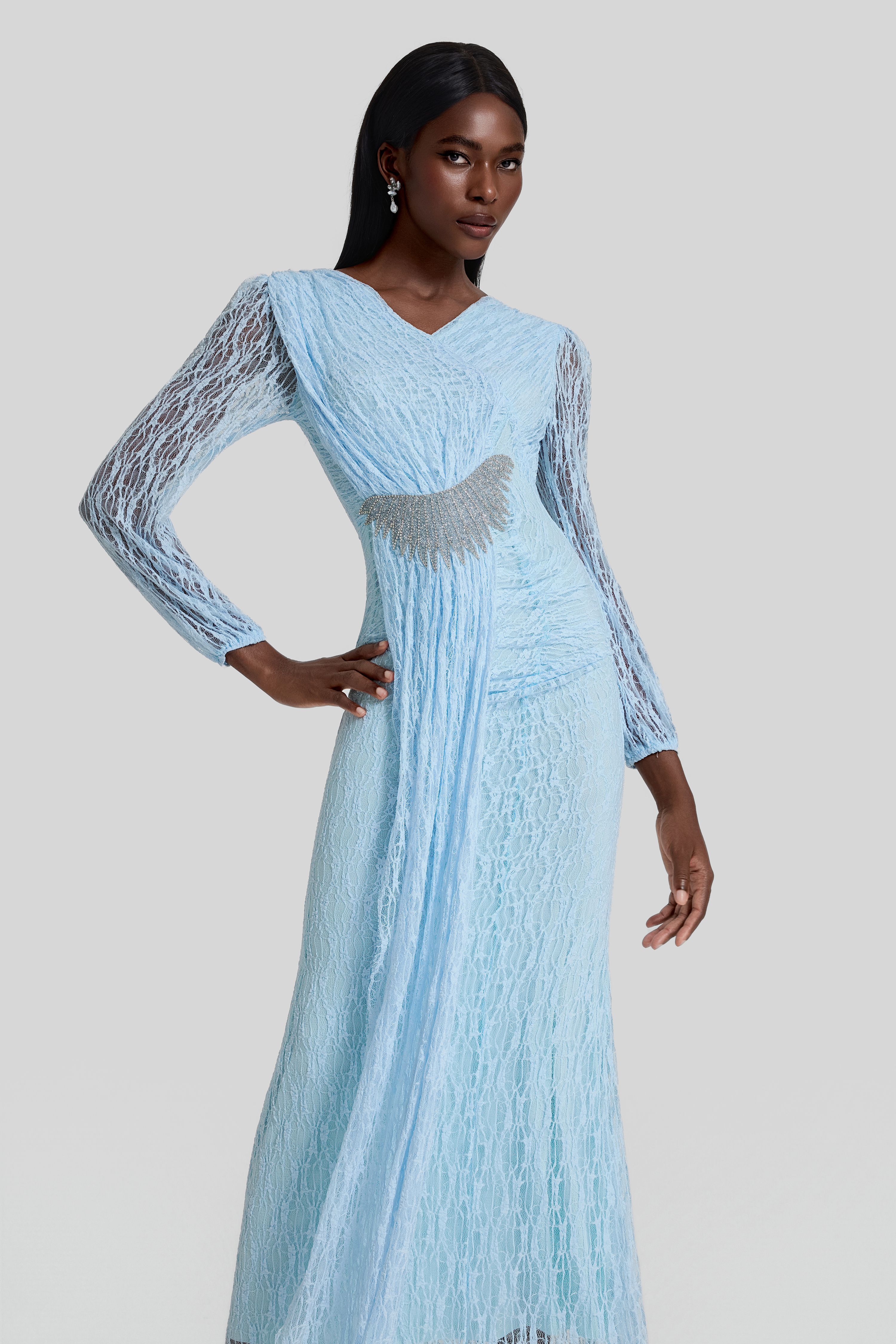 Lace Rhinestone Rivets Gathering Maxi Dress