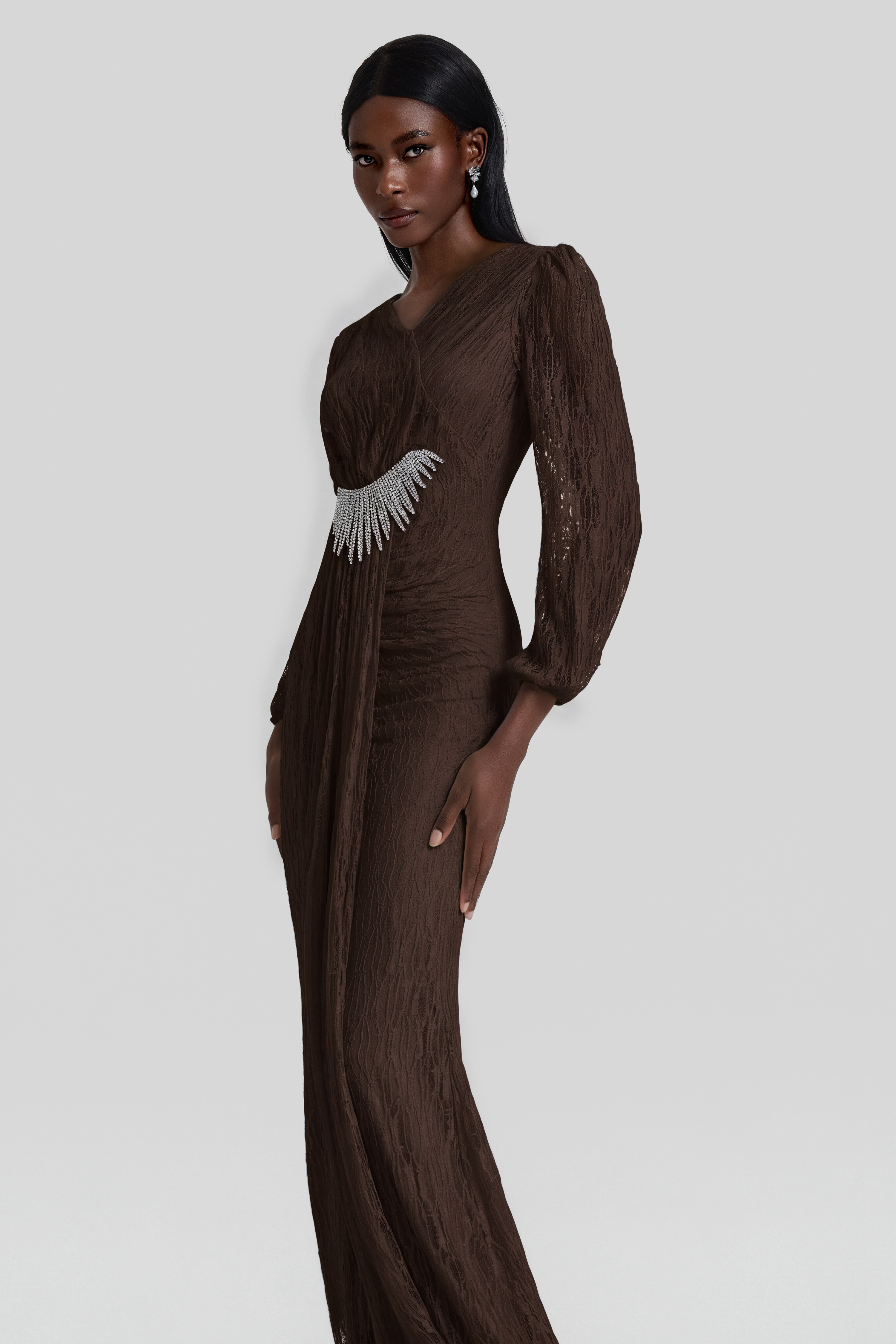 Lace Rhinestone Rivets Gathering Maxi Dress