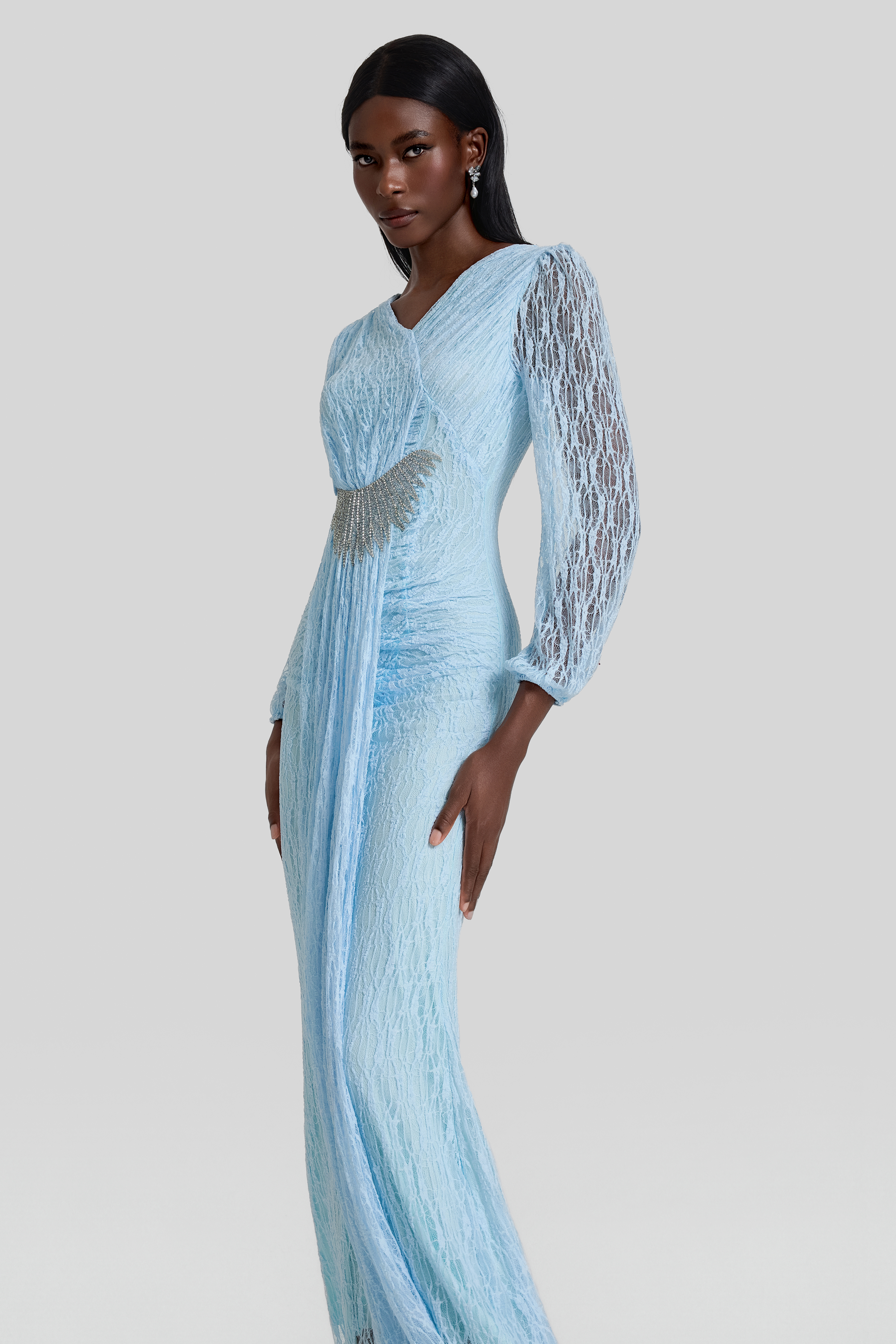 Lace Rhinestone Rivets Gathering Maxi Dress