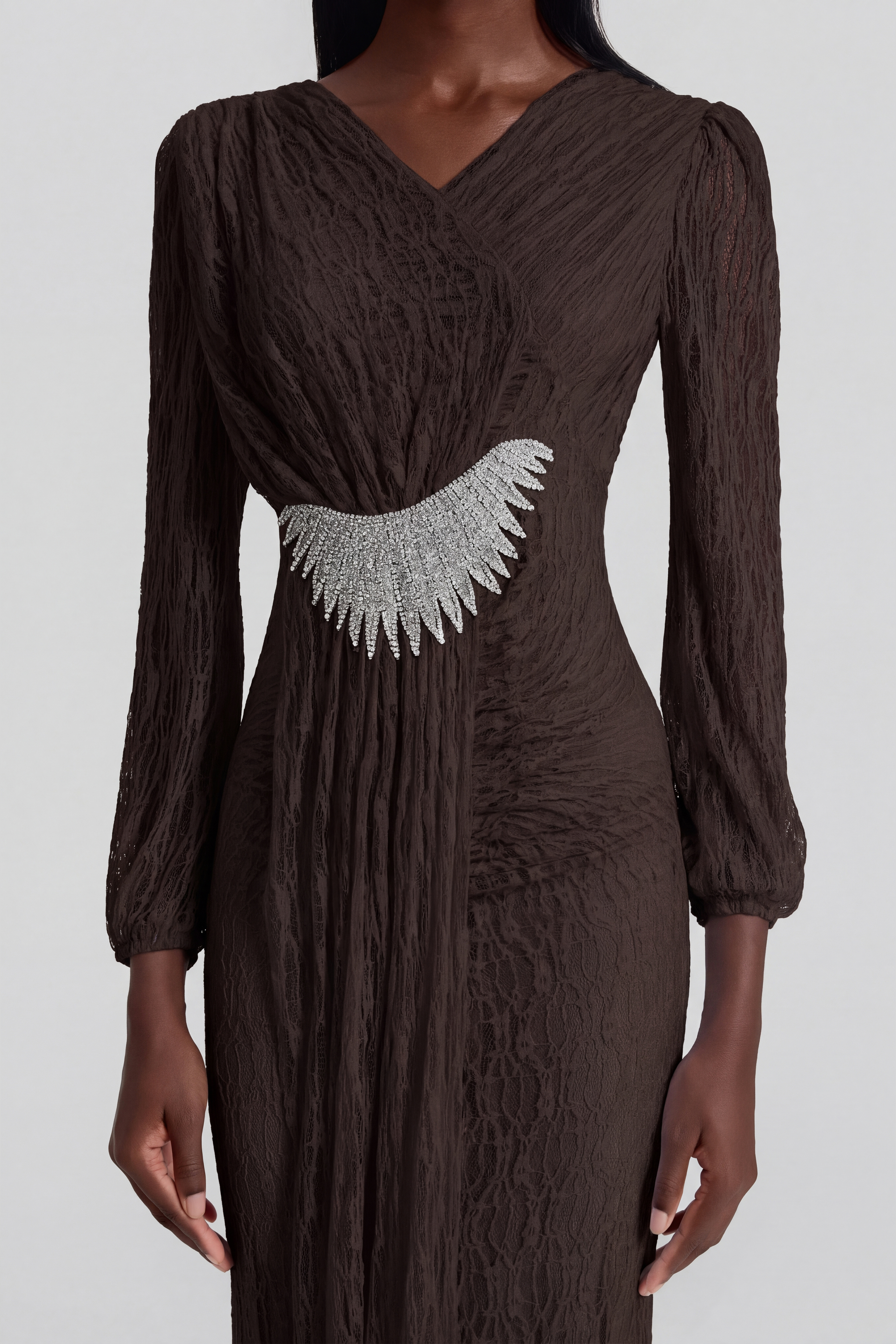 Lace Rhinestone Rivets Gathering Maxi Dress