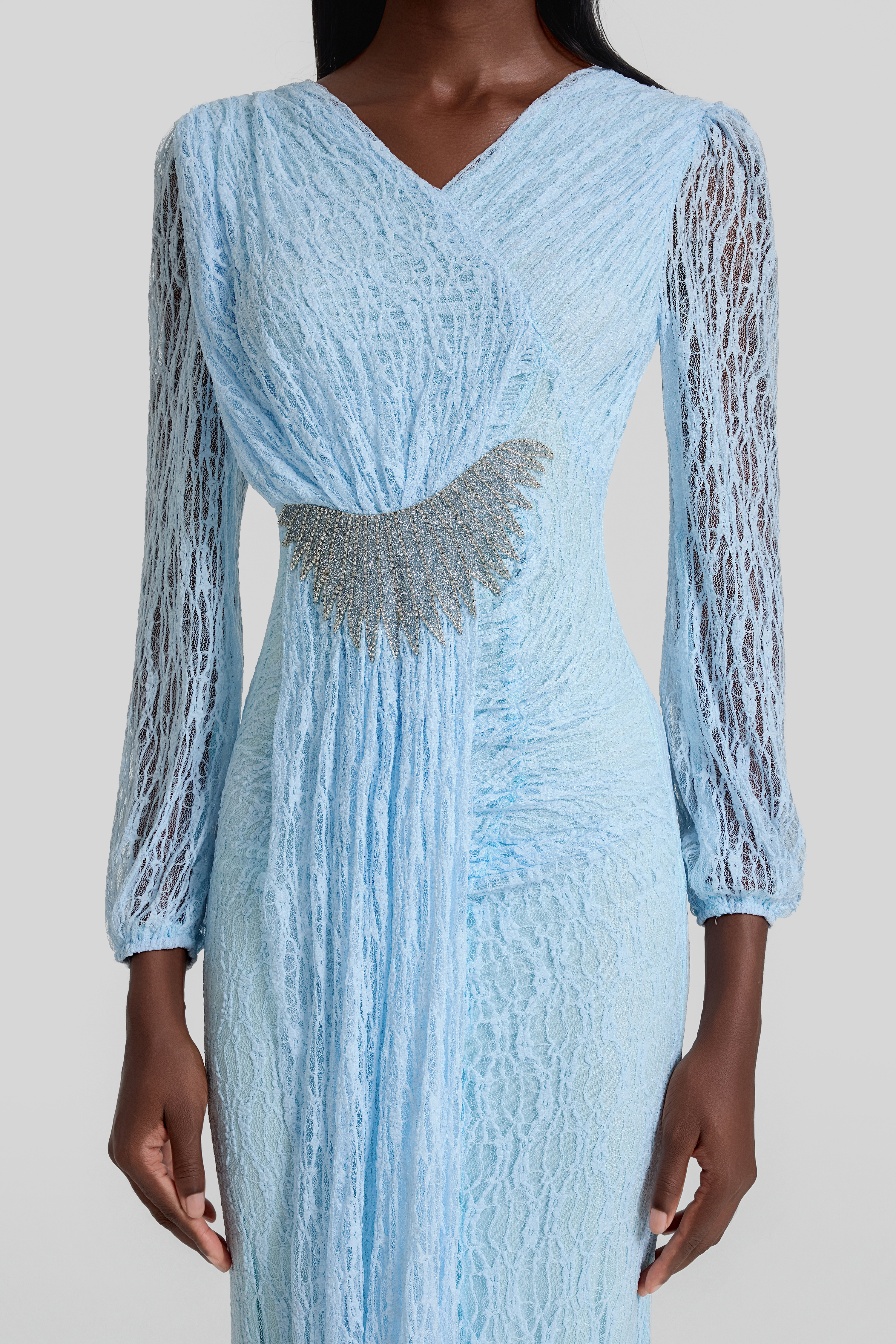 Lace Rhinestone Rivets Gathering Maxi Dress