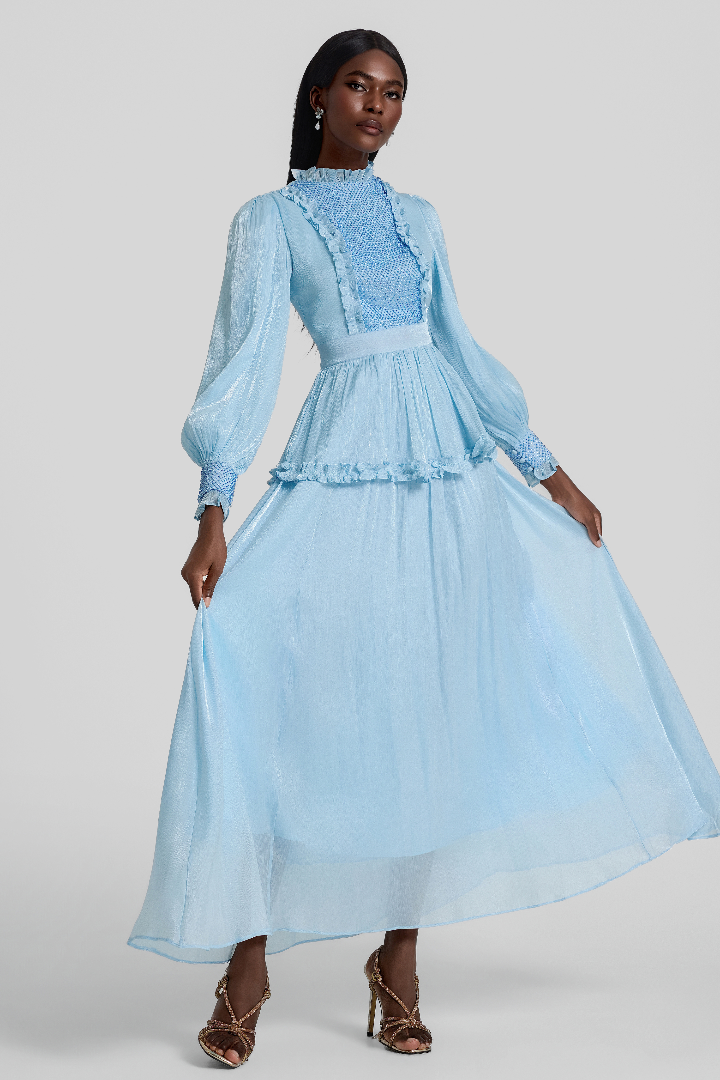 Rhinestone Gathering Frill Midi Dress