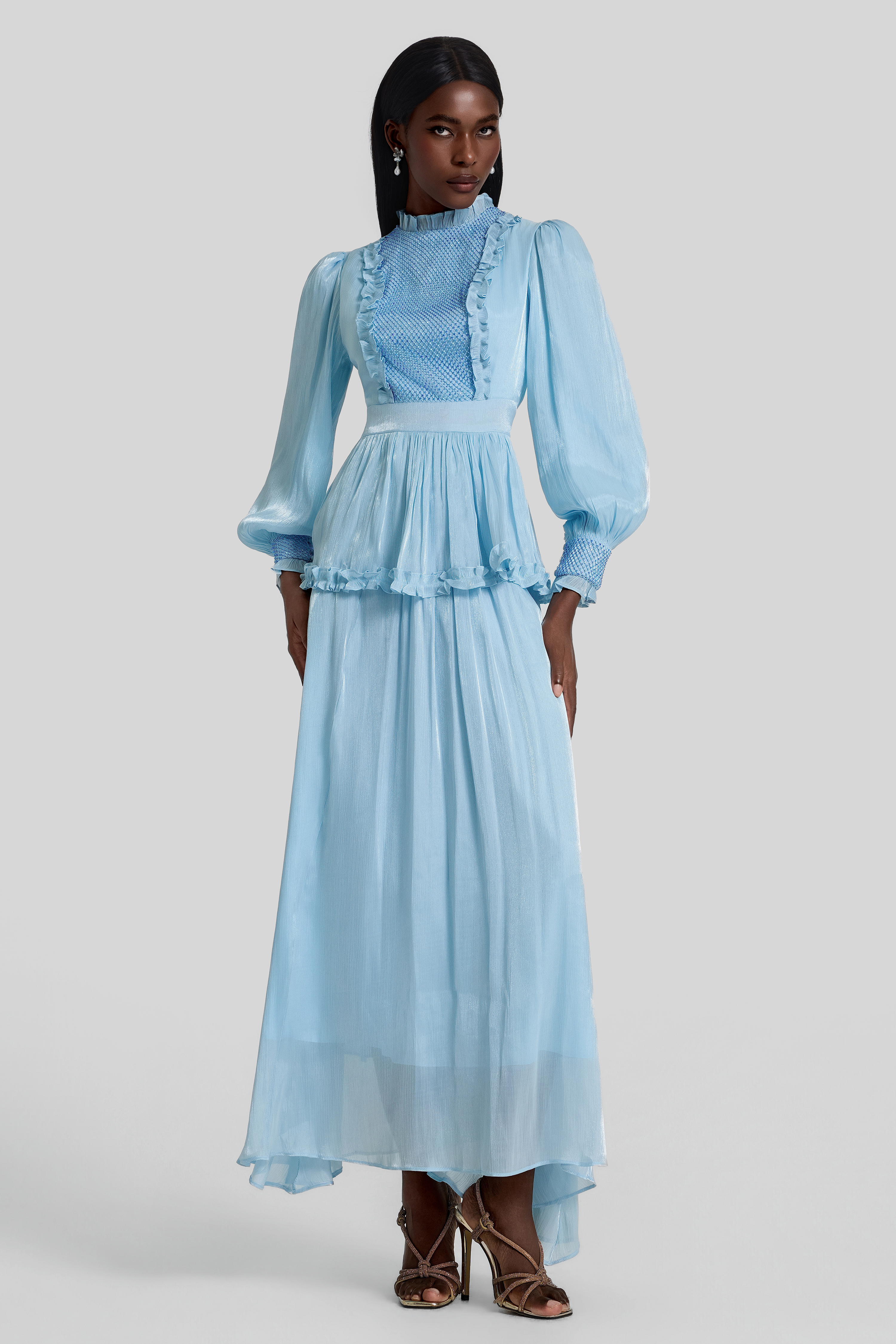 Rhinestone Gathering Frill Midi Dress