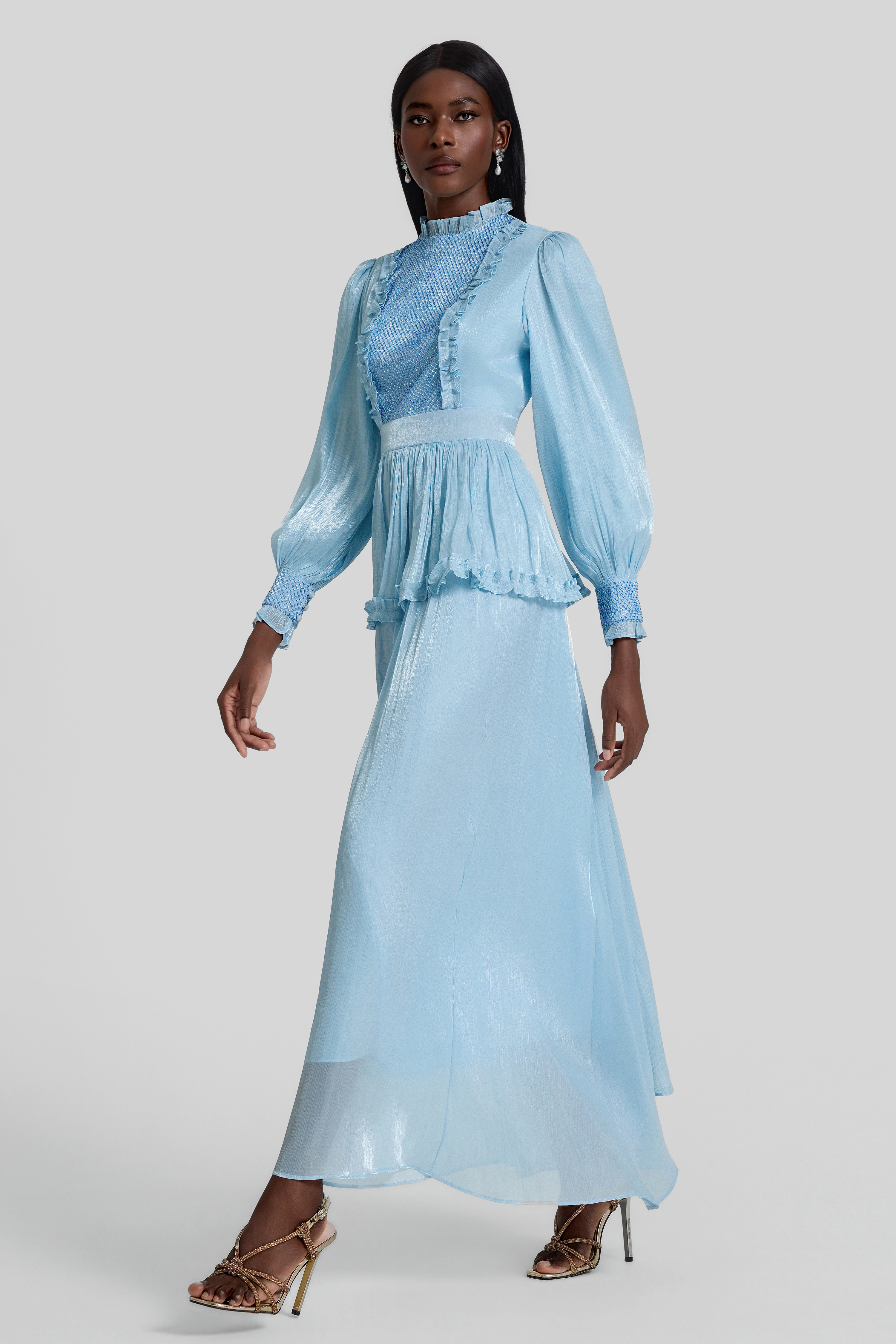 Rhinestone Gathering Frill Midi Dress