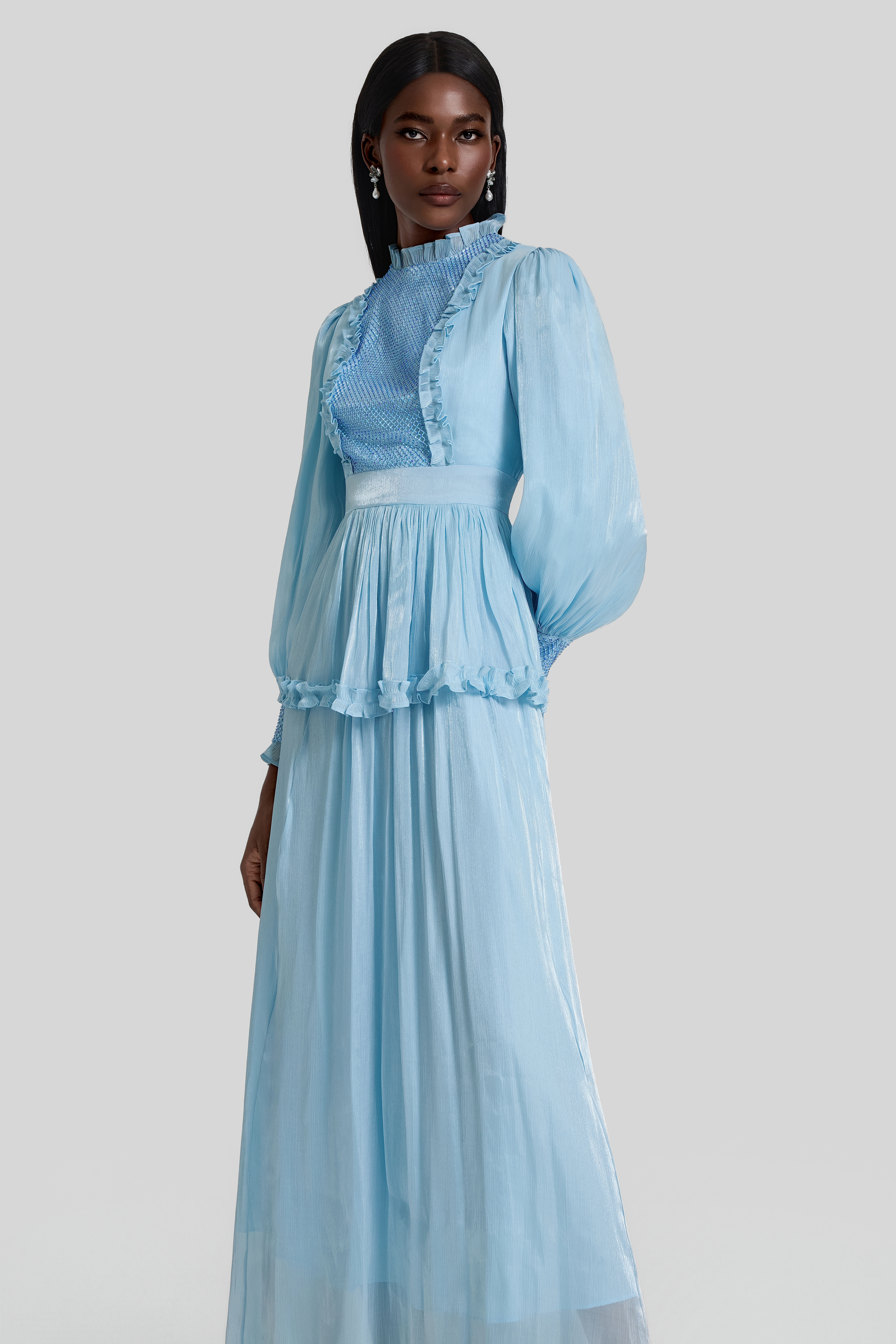 Rhinestone Gathering Frill Midi Dress