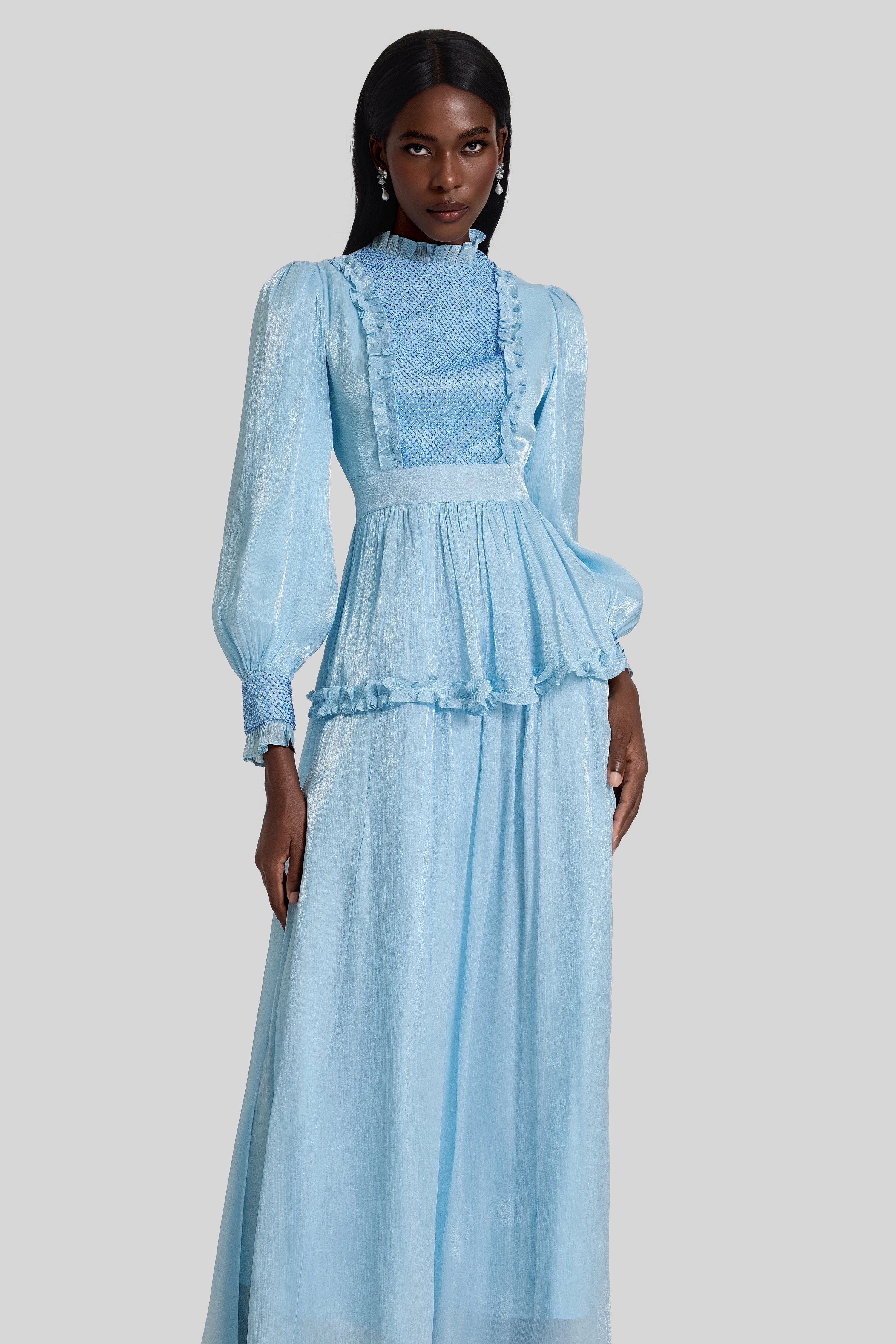 Rhinestone Gathering Frill Midi Dress