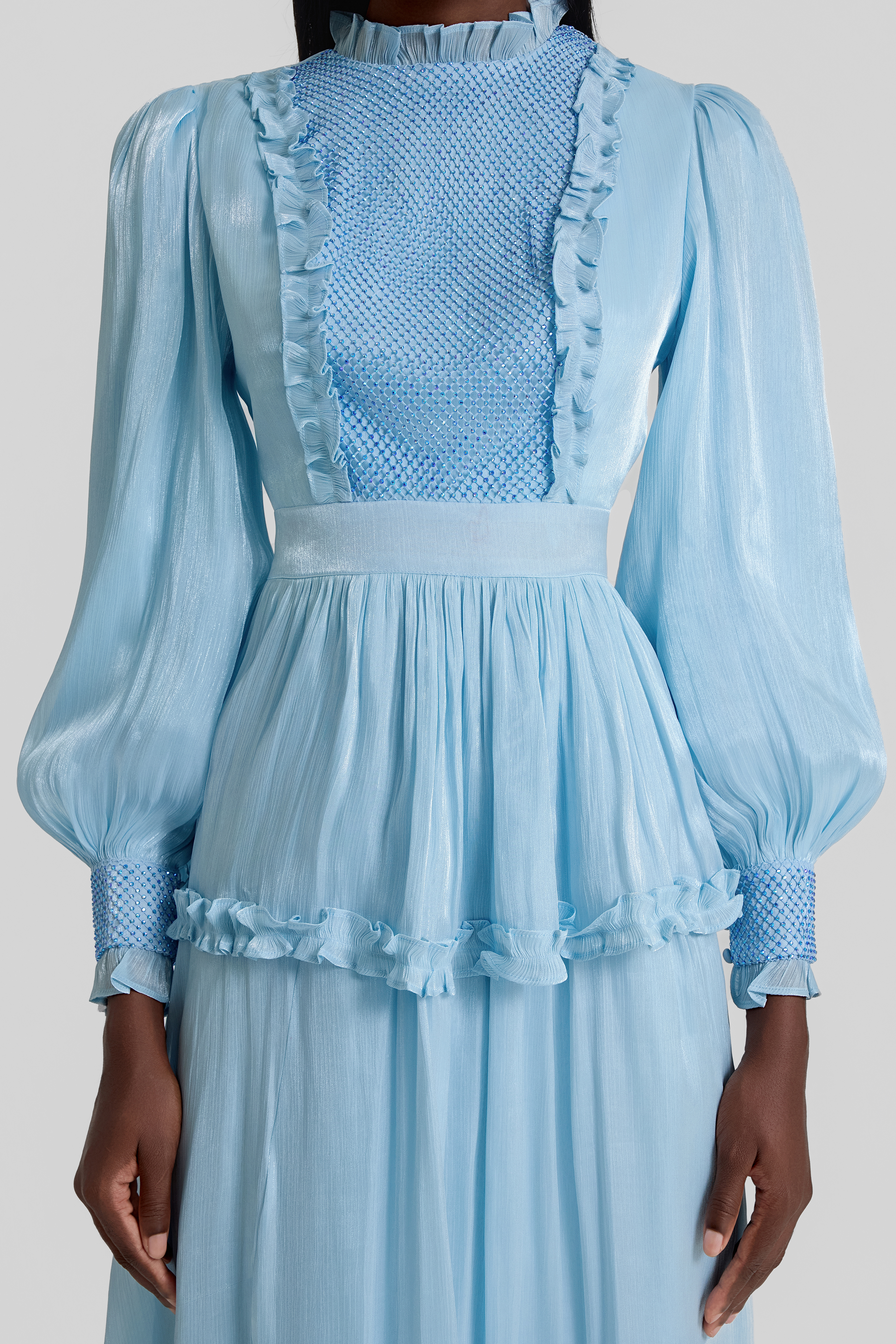 Rhinestone Gathering Frill Midi Dress