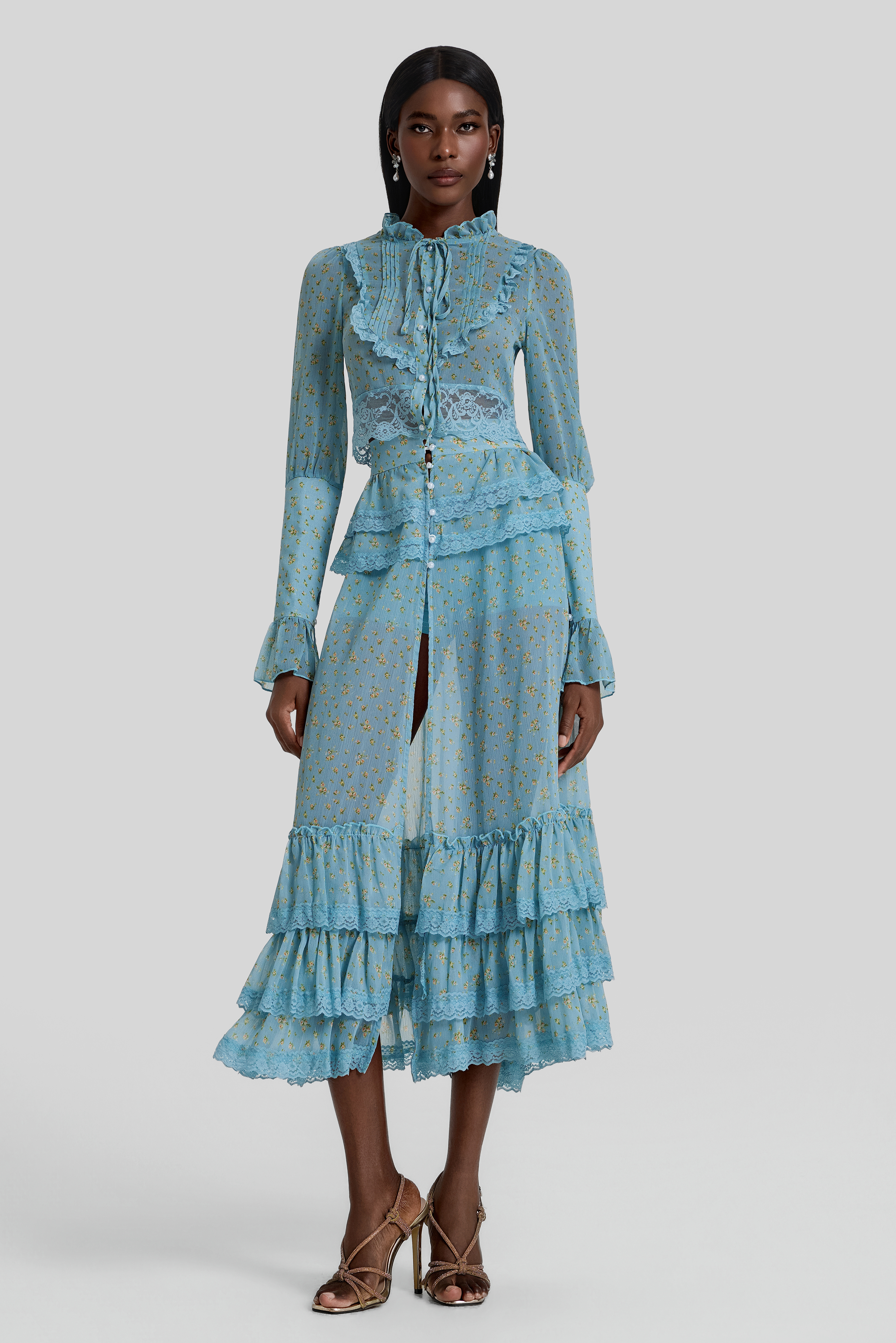 Floral Lace Top & Ruffle High Waist Midi Skirt Set