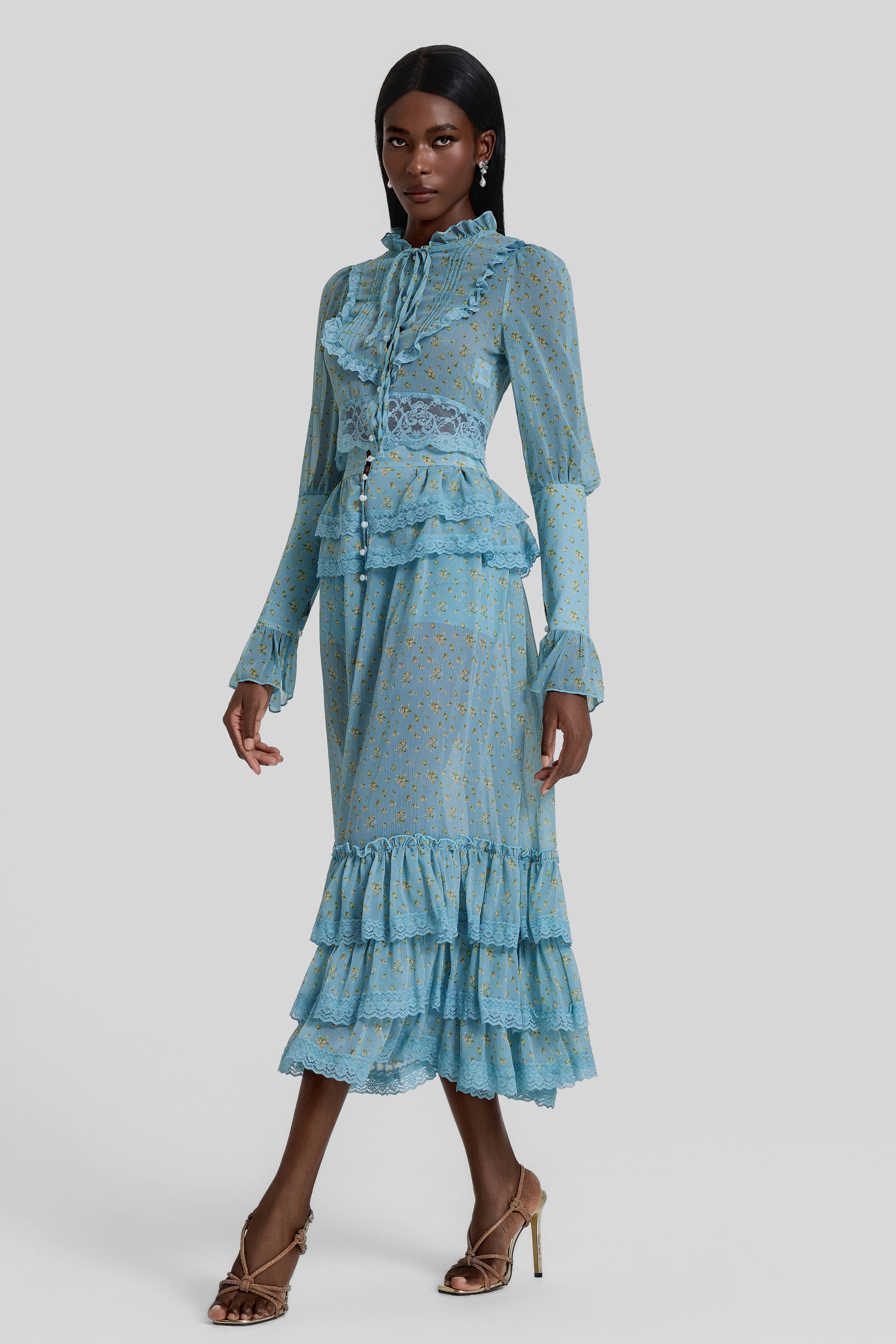 Floral Lace Top & Ruffle High Waist Midi Skirt Set