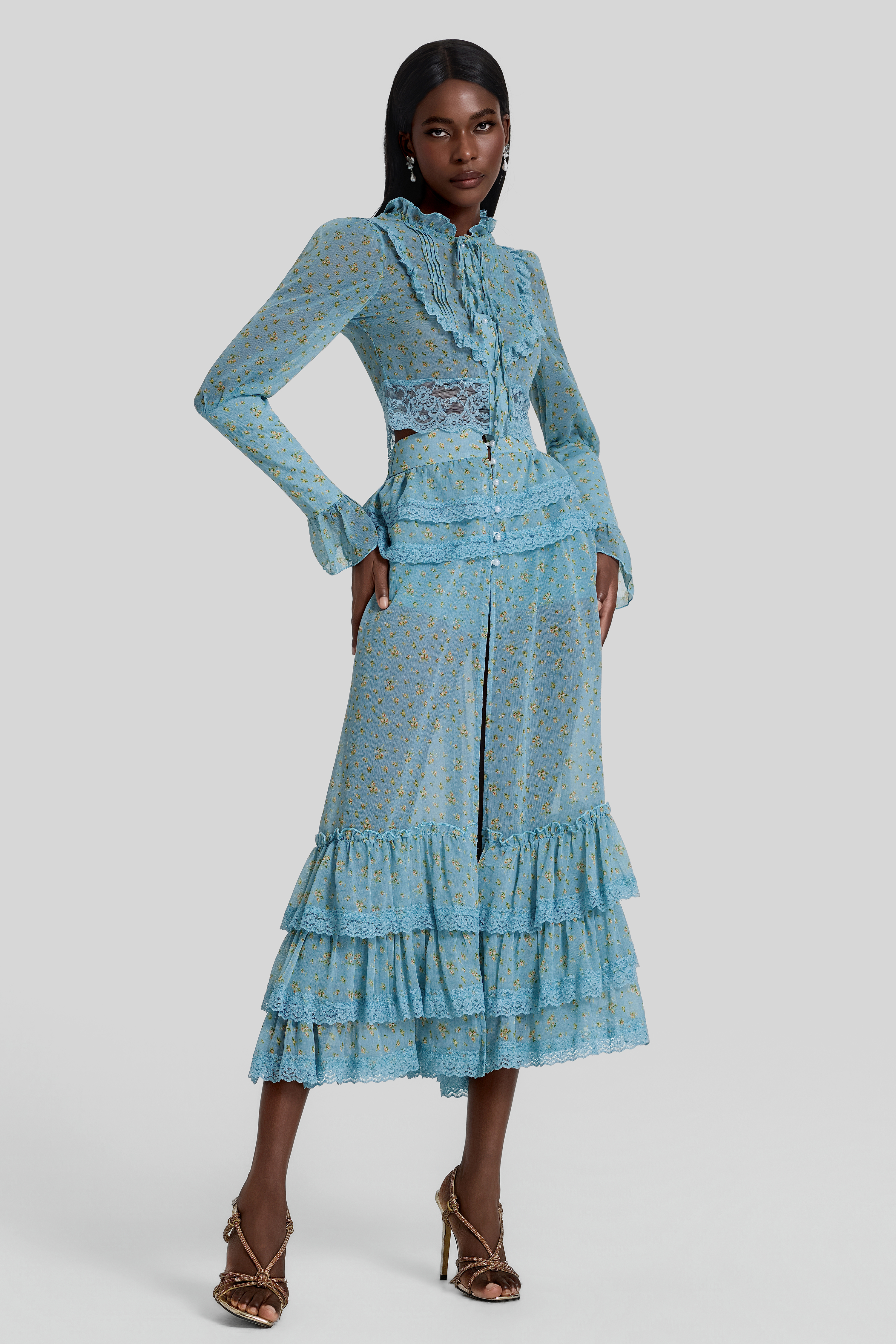 Floral Lace Top & Ruffle High Waist Midi Skirt Set