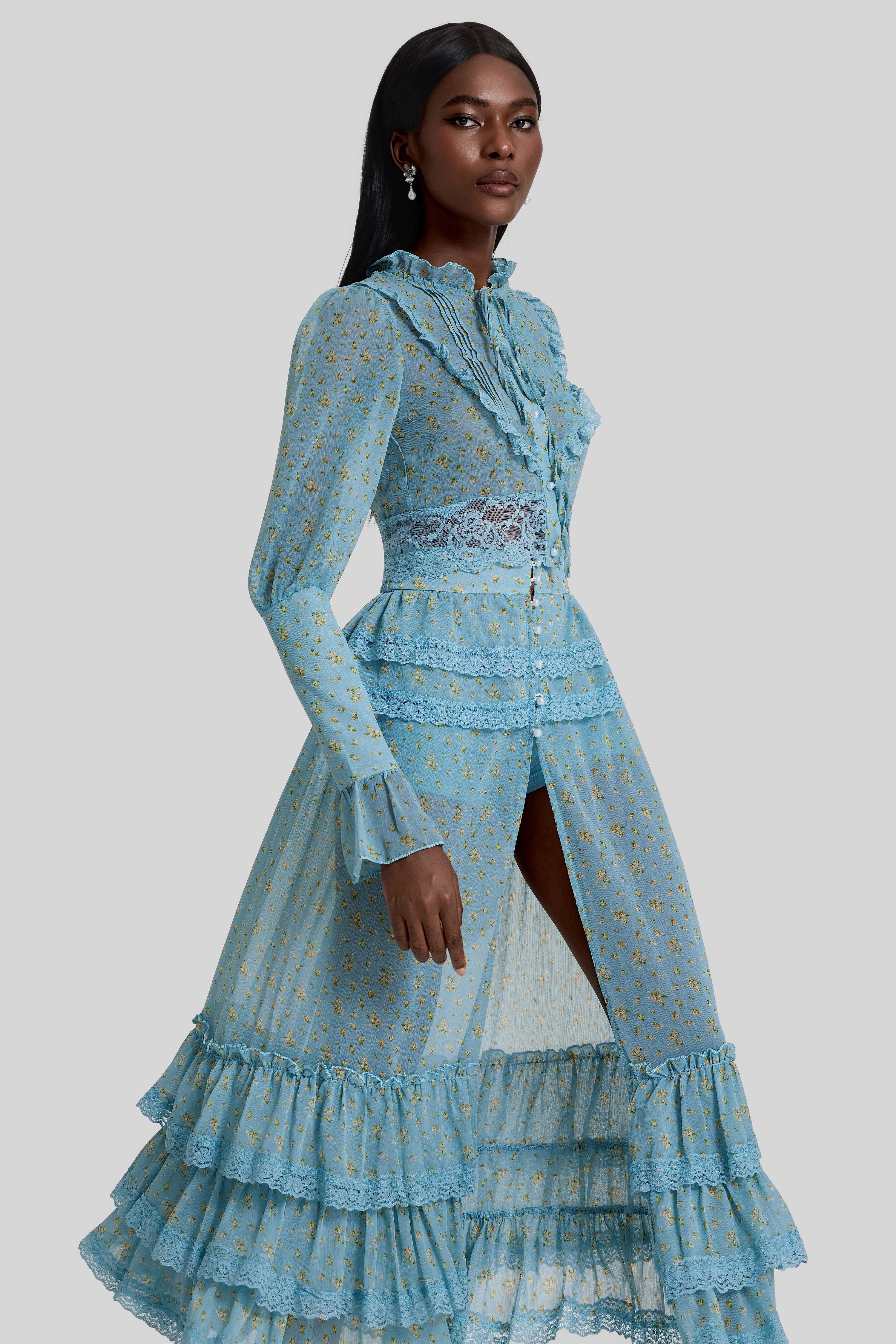 Floral Lace Top & Ruffle High Waist Midi Skirt Set
