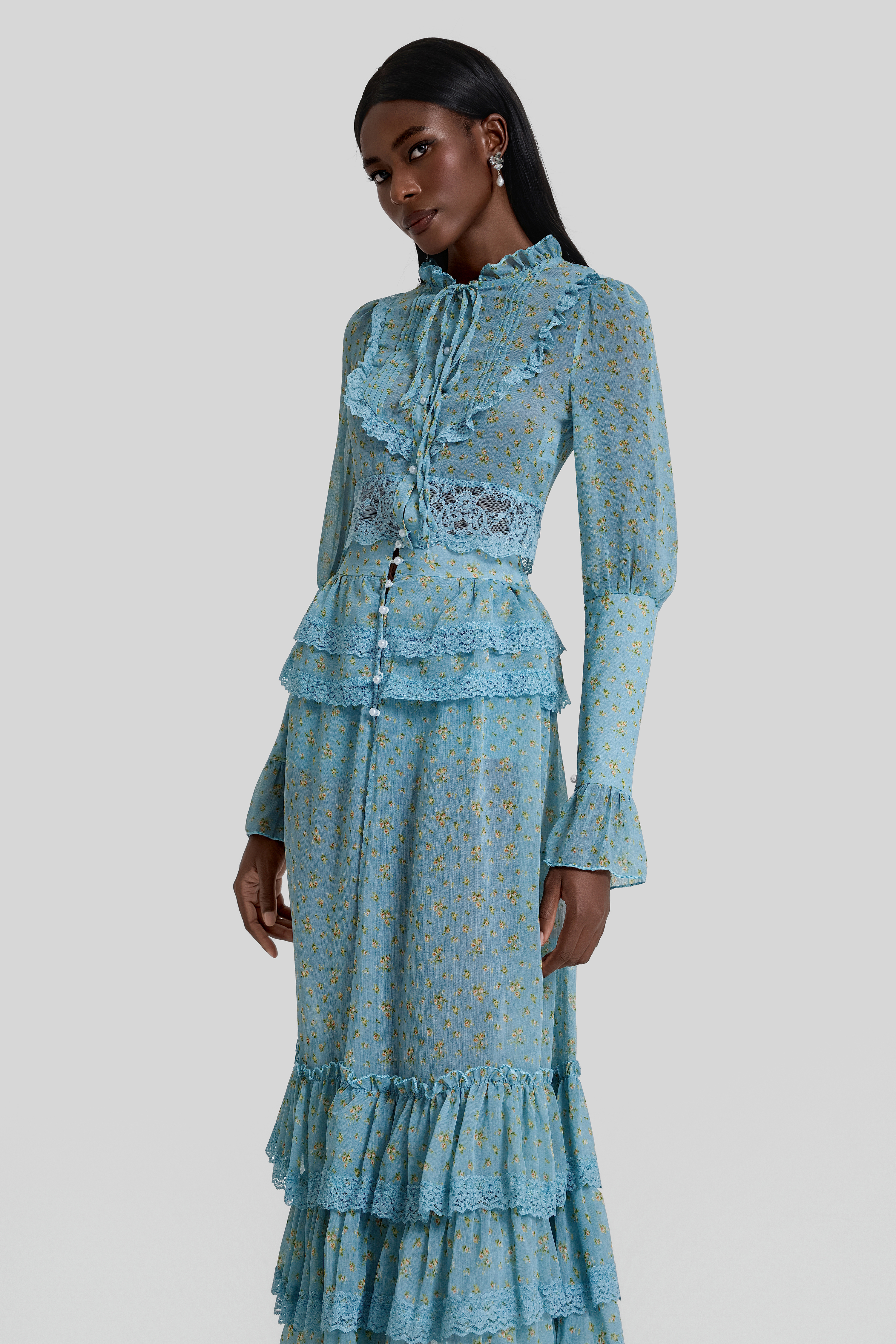 Floral Lace Top & Ruffle High Waist Midi Skirt Set
