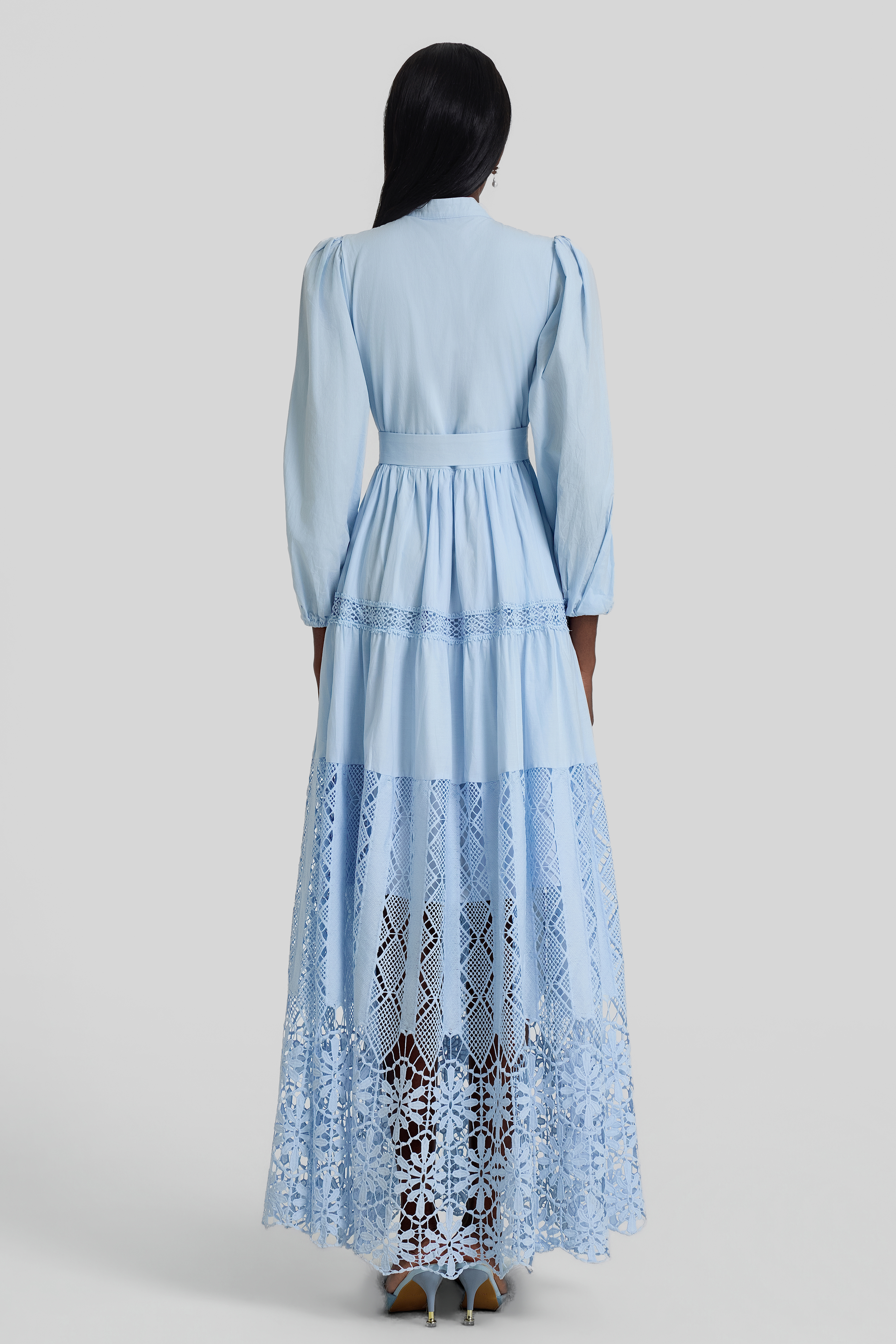 Lace Lantern Sleeve Button Maxi Dress