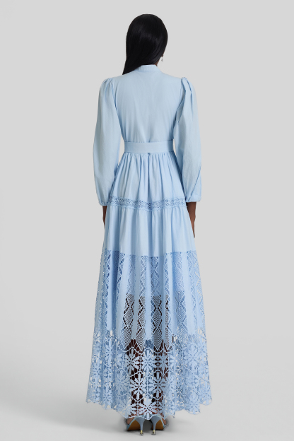 Lace Lantern Sleeve Button Maxi Dress