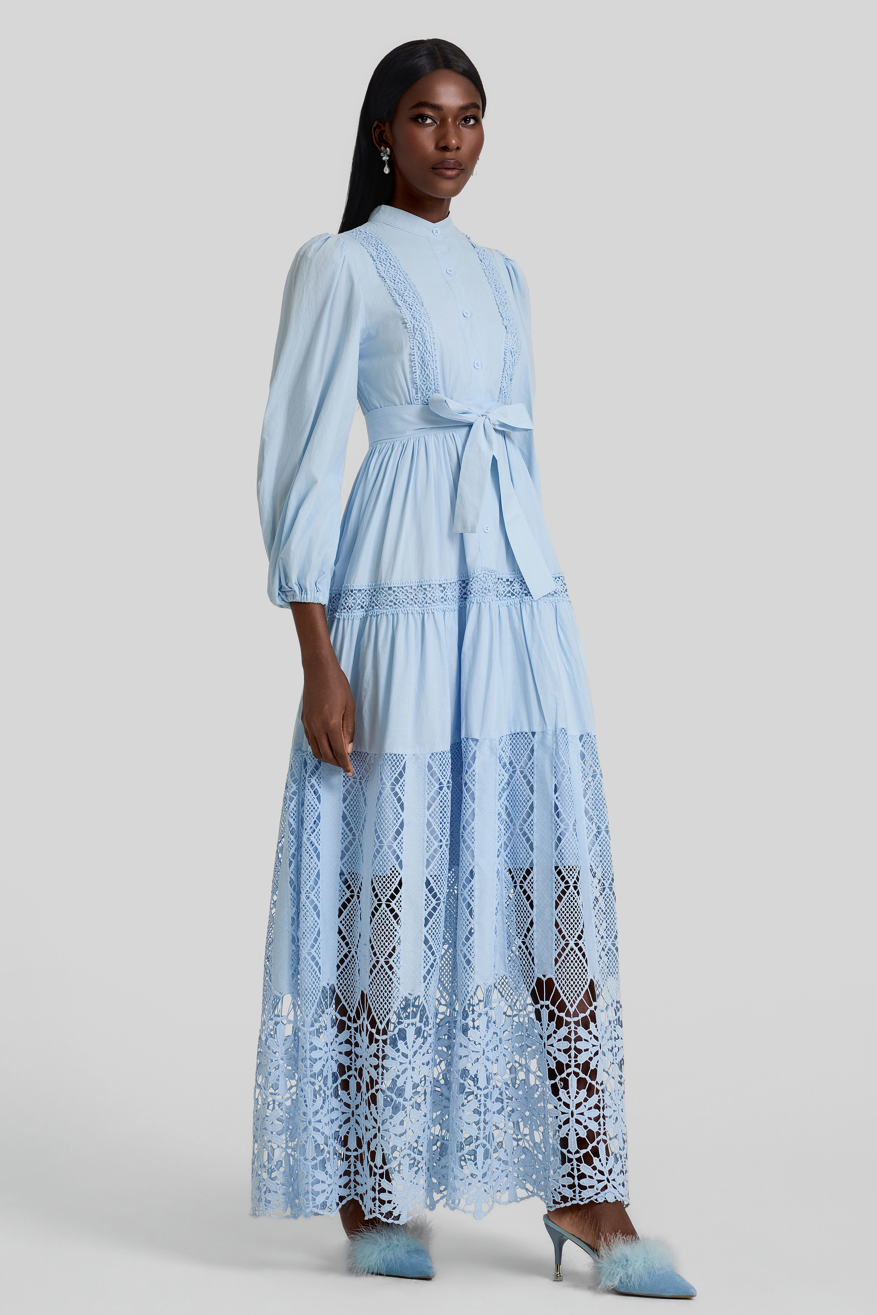 Lace Lantern Sleeve Button Maxi Dress